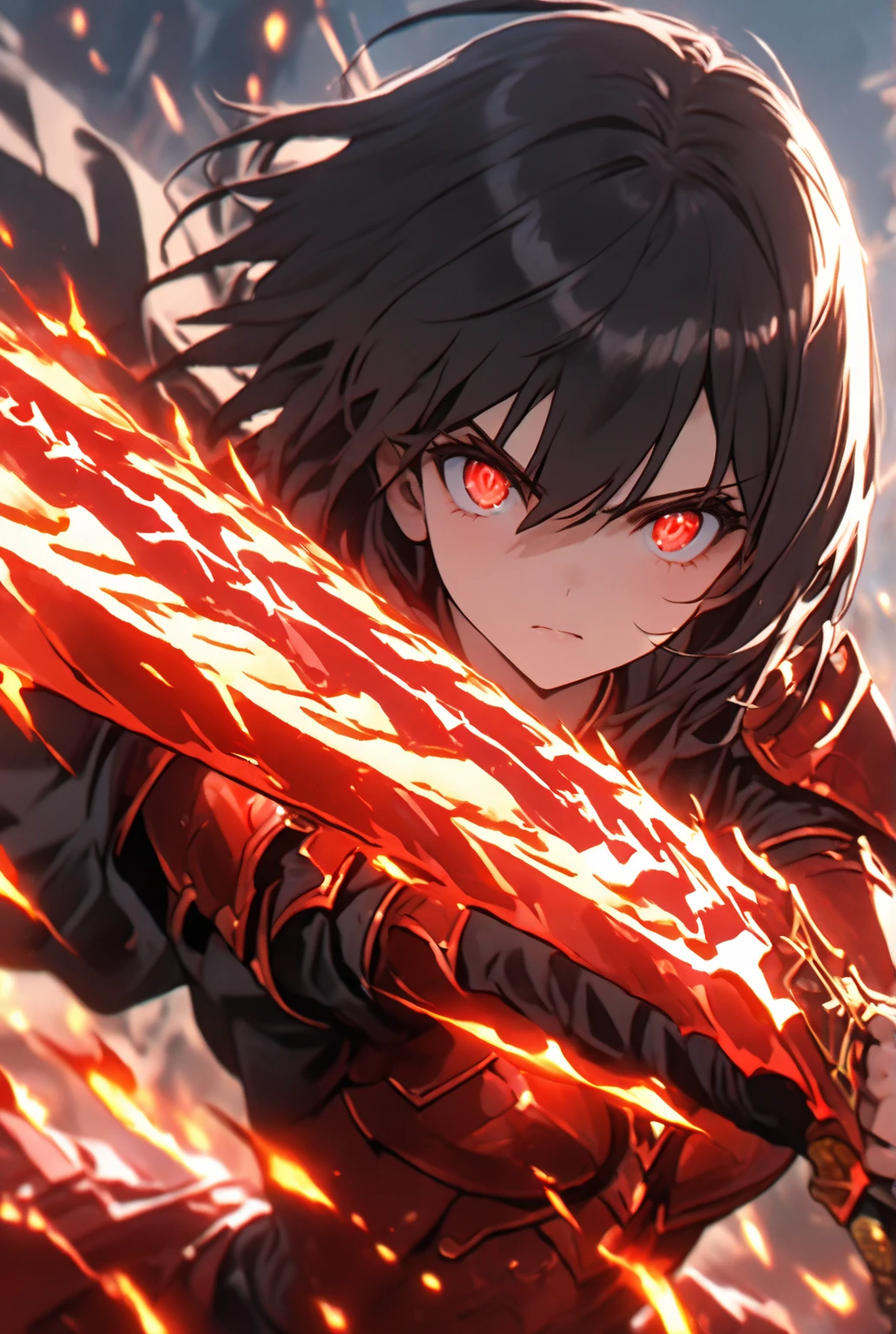 Girl with short black hair, shining eyes, crimson dress armor and black cape, wielding a red crystal morningstar, trails of flames from the morningstar, dynamic battle scene,runa sword,dark fantasy,