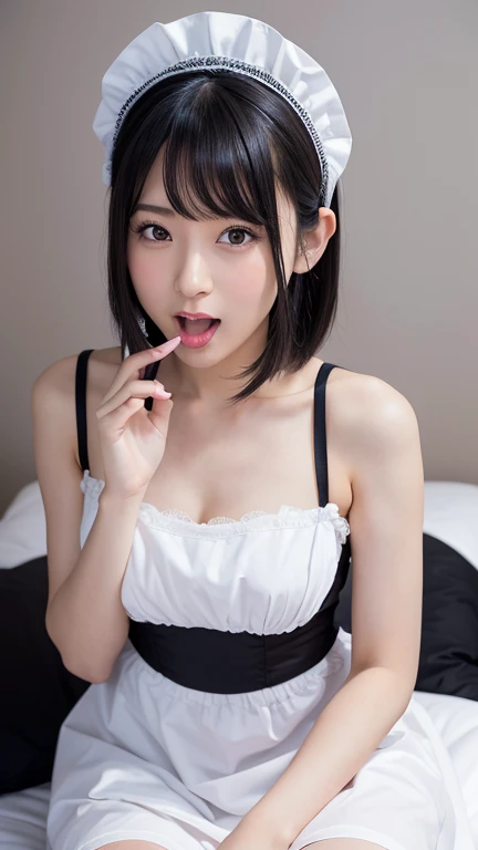 nsfw, 1girl, (solo), masterpiece, best quality, 8K, hight resolution, extremely detailed girl, extremely detailed beautiful face, Beautiful skin, shiny skin, perfect anatomy, cowboy shot, smile, looking at viewer, beautiful eyes, face focus, Japanese, black hair, laying, revealing clothes, maid, maid headdress, simple background, simple yellow background,