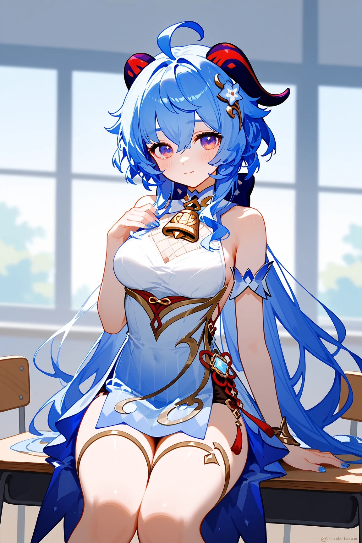 (score_9, score_8_up, score_7_up), 1girl, looking at viewer, closed mouth, classroom,
ohwx, 1girl, (ganyu_\(genshin_impact\):0.75), solo, dress, blue_hair, blue_dress, horns, purple_eyes, breasts, bare_shoulders, ahoge, thighs, long_hair, official_alternate_costume, hair_ornament, sleeveless, sleeveless_dress, goat_horns, nail_polish, blush, blue_nails, medium_breasts, thighlet, hair_flower, flower, gradient_dress, hair_between_eyes, bell,
 