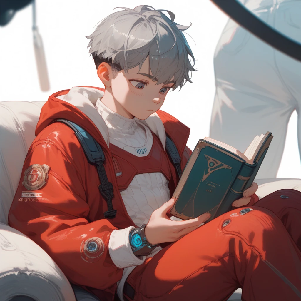 "A young boy with bright grey hair , short cut , bright skin, and the soft expression , wearing futuristic clothing , red clothes.  The boy sitting .  The white background , gives full focus to the character of the boy , holding and reading a book ,"