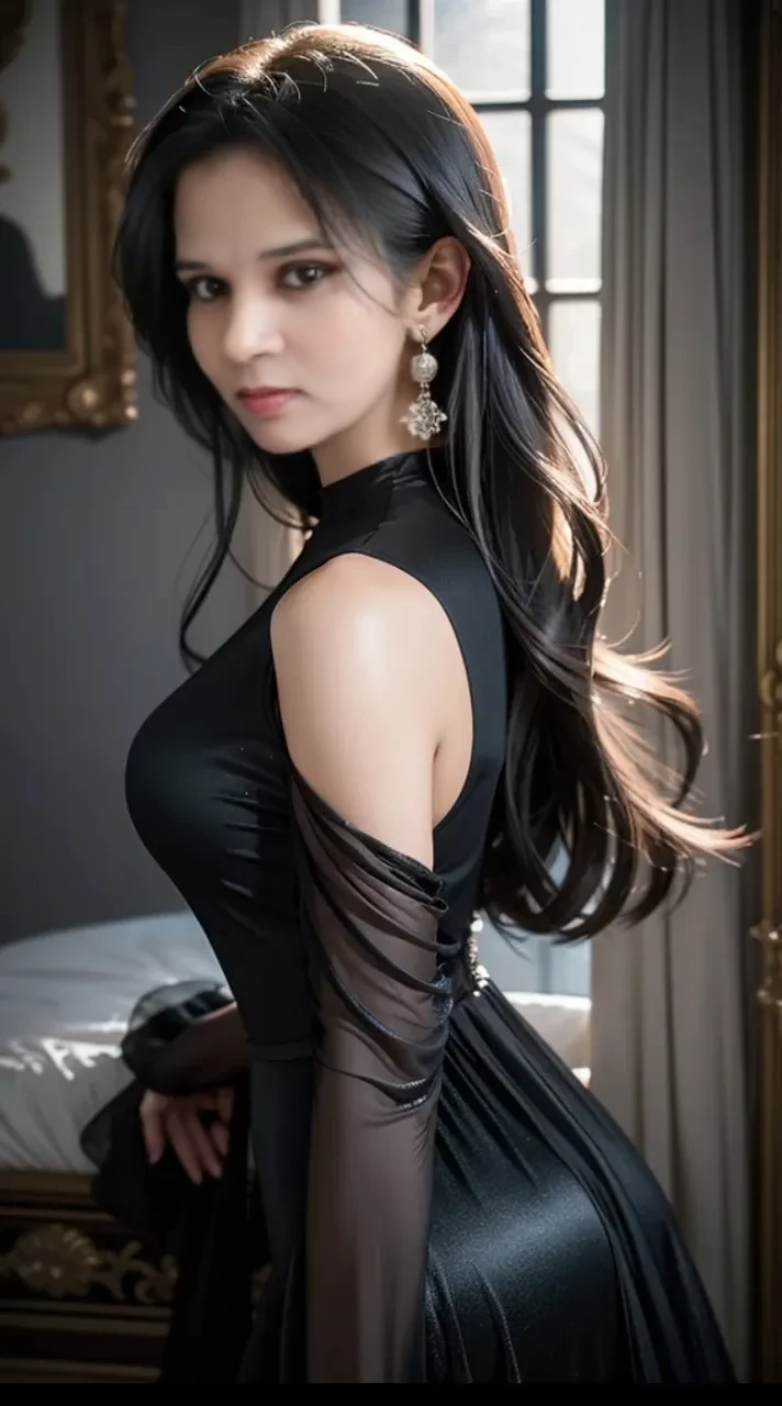 4K, UHD, masterpeice, 1 girl, front body, good face, very long hair, black hair, ((fair skin)), ((fairytale fantasy clothing)), black clothing, bare navel, ((black thread)), winter, window, depth of field, ray tracing, ultra realistic detailes,