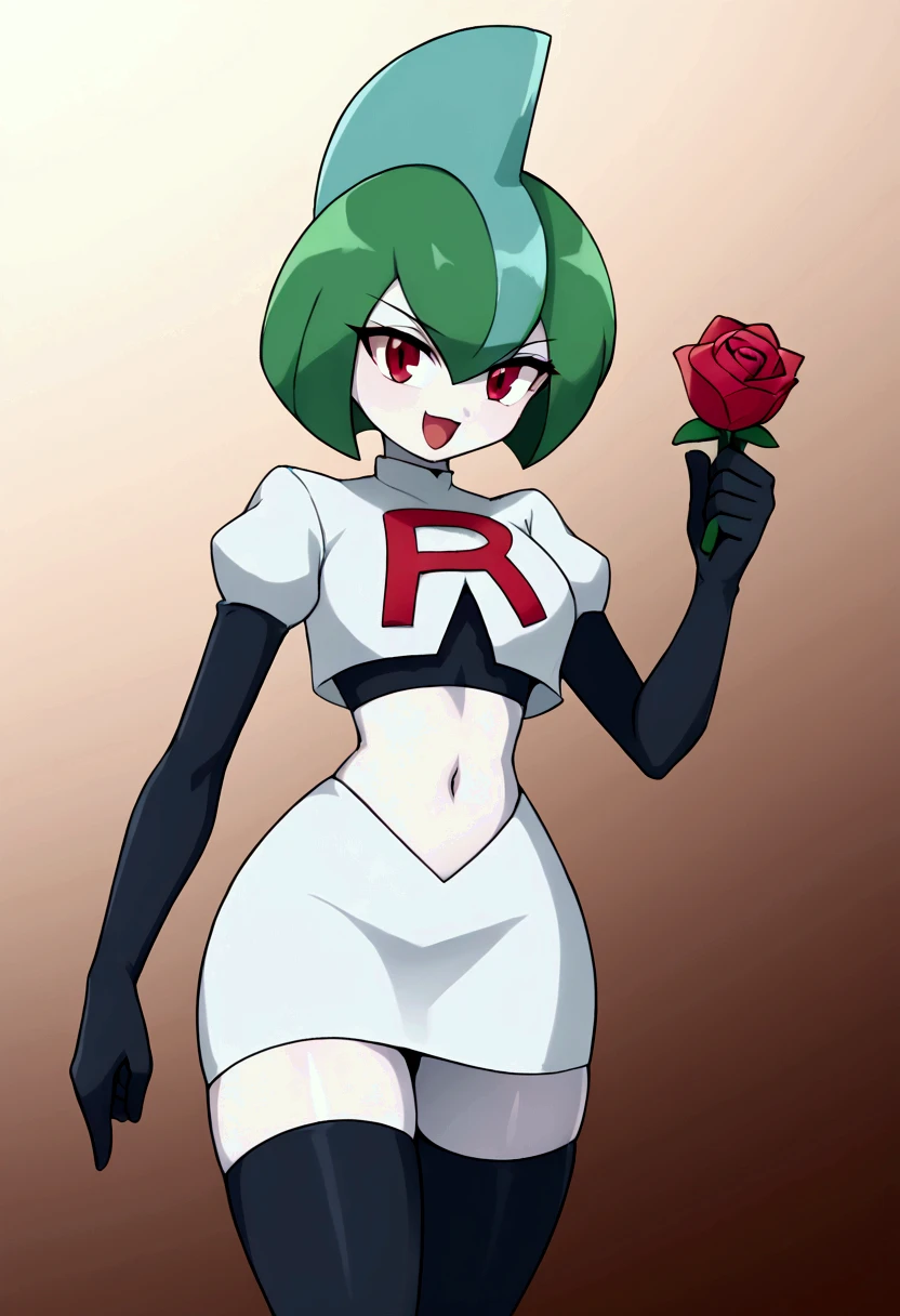  A stylized design of a girl, happy arrogant look ,  extreme pale white skin , short dark green hair,  framing the upper part of the head with a pointed crest on the top of the sky blue,  tilted backwards at a dynamic angle .  The face is white and smooth , with minimal details ,  contrasting with two bright white angular structures that protrude from the cheeks .  The eyes are almond-shaped with an intense red iris ,  projecting a serious and mystical expression ,  better quality, ( masterpiece),(ultra-detailed), ( high quality), ( high resolution), Team Rocket,Team Rocket uniform, white skirt ,red letter R,Crop top, tall black stockings, black elbow gloves,  white background, posing with insecurity ,  holding a rose in front of her face ,  white body. Interior of the Imperial Palace :  a long corridor with a chandelier and a background ceiling 