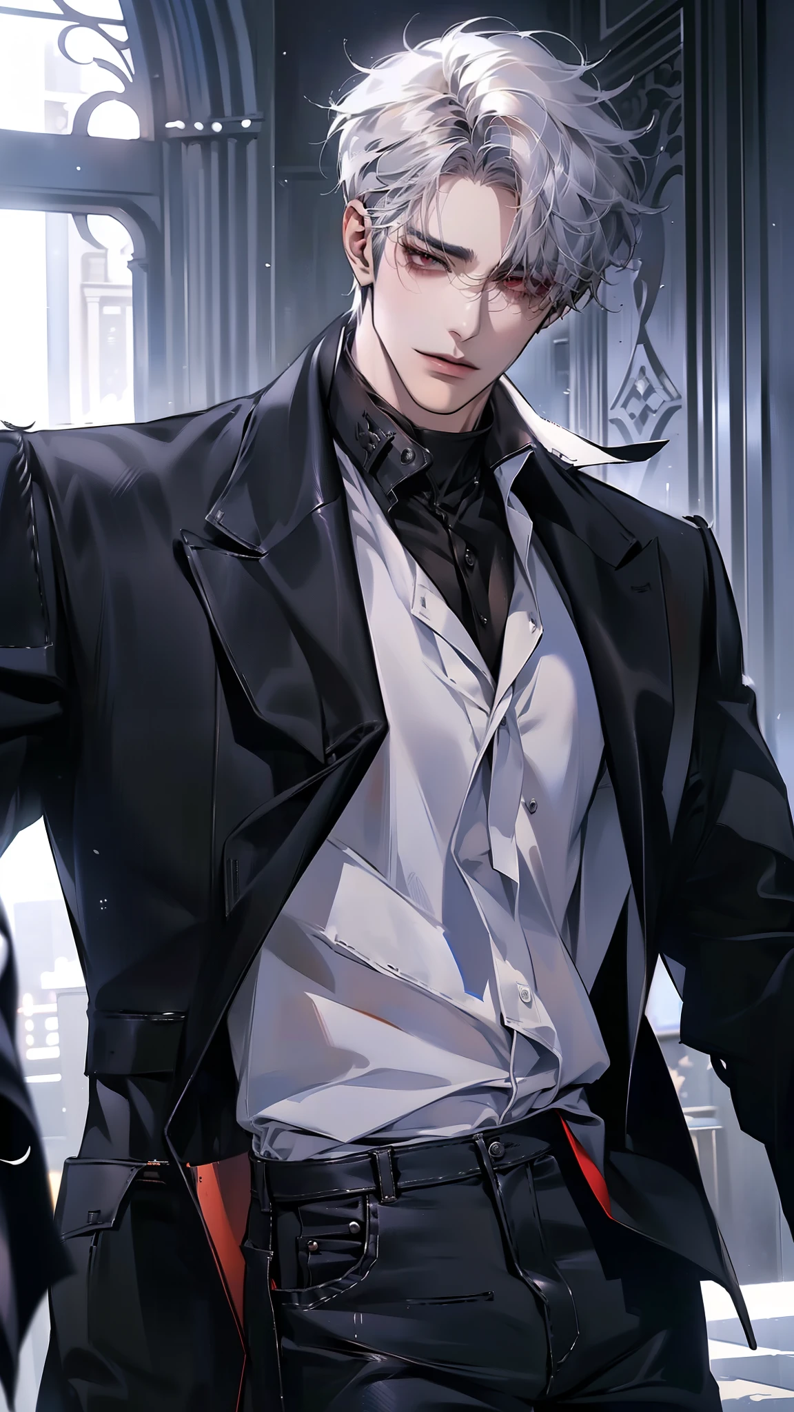 (4K works))、masterpiece、(top-quality)、((In front of the department store))、Korean Male、Adult male、((Adult 50 years old))、((Adult uncle type))、((Leather Jeans Style))、((Face similar to Hyunjin))、Cool Men、tall、((Gentle face))、((Cool werewolf fashion in black))、((Long sleeve long trouser style))、((Smaller face))、Slim body、((Uncle))、((white hair))、((white short-haired))、((Red Eyes))、((shot from front))、((Shot alone))、((Solo Photography))、Professional Photos、((Reach out to your audience))、((He walks in front of the viewer))、((dad bod))、