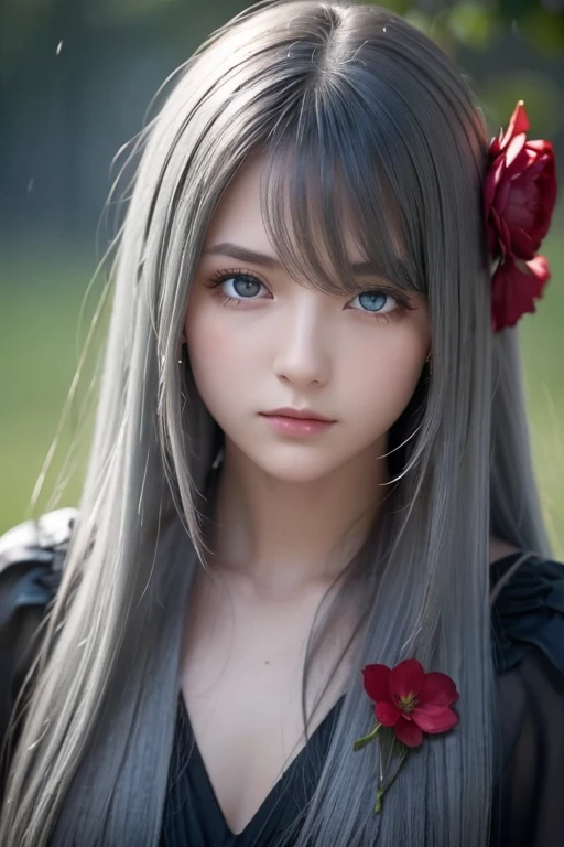   1 girl,Alone,  1 girl,Alone,((    beautiful eyes in every detail    )), (Detailed light),  depth of field,( gray hair),Silver Eyes,  The hair hangs over one eye ,(Red Flower ),   hair flower,  long hair,  black cloaks,  wet,Emotionless, In your face,  knight ,Starfall,  it's raining,fog,Red Flowers falling,sketch,  upper body,Dark Shadows,