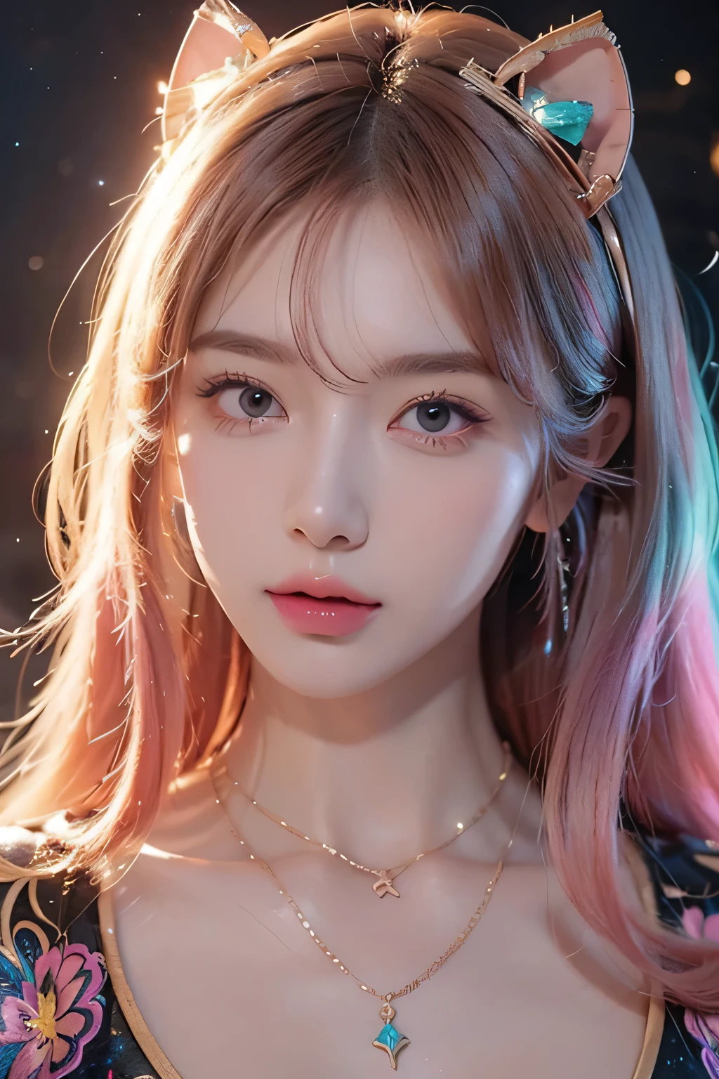 a close up of a woman with  colorful  hair and a necklace,  anime girl 、Cosmic Hair ,  Rosedrows Pastel Vivid , artwork in the style of Gwaiz,  Fantasy Art Style ,  colorful ]”,  vivid fantasy style, Rossdraws comics、Vivid, cosmic and  colorful , Gwaiz,  colorful l digital fantasy art,  amazing art style ,  extra 