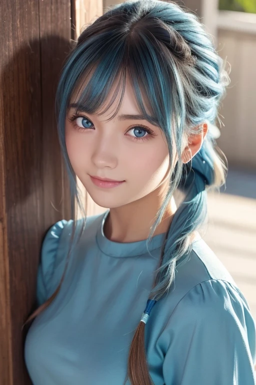 (Masterpiece), ( top quality), ( ultra detail ),( dischevel hair ),( illustration), ( One Girl ), is standing, smile, beautiful eyes in every detail , light blue eyes , detailed beautiful face, (Ayaka Kamisato: 1.2), faces , ponytail, Ayaka Kamisato( Genshin Impact), light blue hair, detail hair on the front of the wall , bangs, Best lighting, best shadow, very detailed, vibrant