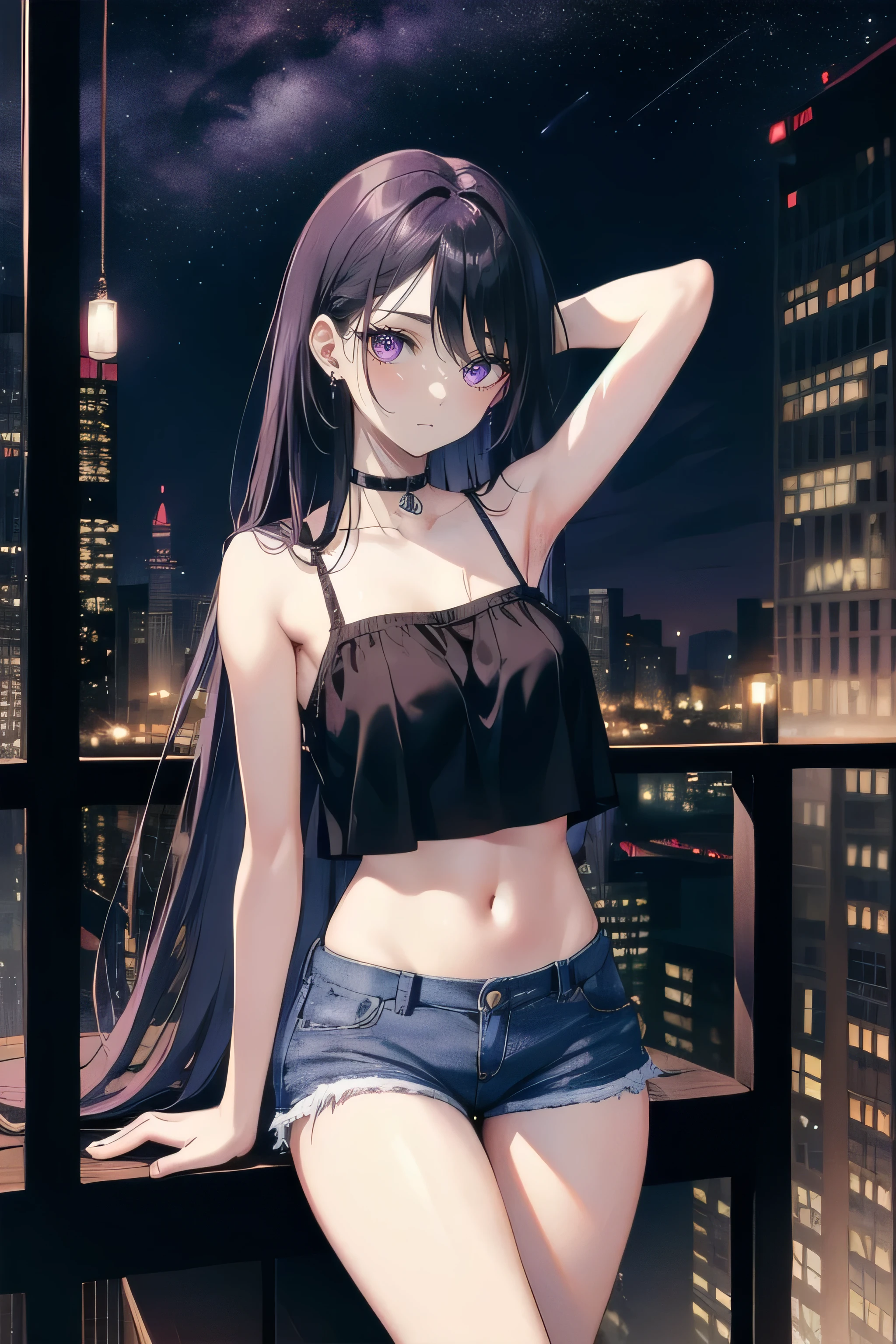 ((Perfect Anatomy:1.2,Realistic:1.5,RAW Photos:1.5,masterpiece、Highest quality、Ultra - High resolution、High resolution、Highly detailed CG、8k)),Cowboy Shot,1 female,alone、18 year old beauty,Japanese,((Beautiful and graceful face and eyes:1.3,Big beautiful eyes:1.3,iris)),Black Hair,Long Hair,Straight hair,Blunt bangs,blush,((Flat Chest,Low length,Slender body,Small Head:1.3,skinny)),(Glowing Skin,Oily skin:1.3,Glowing Skin),(White camisole,denim micro mini shorts),Simple bedroom,