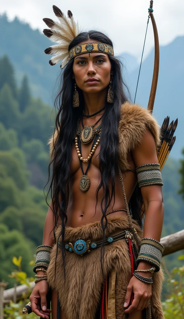 High Resolution , anatomical , photorealestic, young girl on a mountain ,Clothing like 10,000 years ago ,FVP, Fur loincloth only covers chest and pubic area