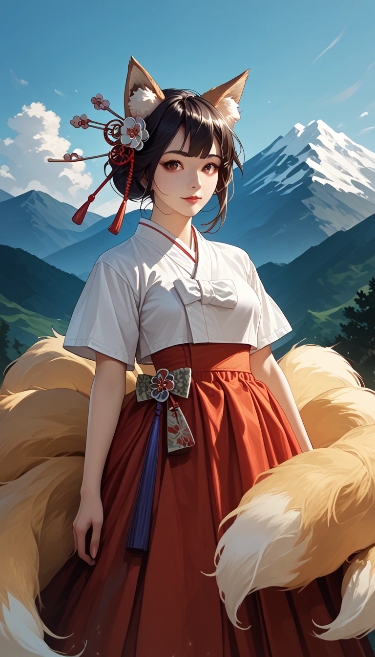 (masterpiece,  best quality :1.2), 1 woman,  alone, Gumiho, 여자 Gumiho,  Korean girl, Fox ears, fox tail, Hanbok,  dark hair, In the mountains