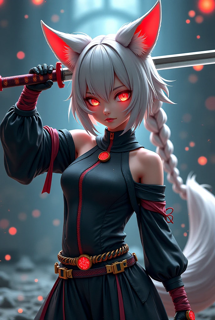 In the background is the roof of the castle, Anime character with a sword, Amazing anime 8k, Very beautiful cyberpunk samurai, Anime Style 4k, Demon slayer, ((Butterfly Ninja 1.2)), she is holding a knife sword, knife, Artjam and Athi Gairan, dramatic wielding knife pose, Lostrun 8k, unsheathing her knife, Cat ear, Silver Hair, ((3DCG)), (3D Rendering), A fascinating body, Energetic, Large Breasts, A seductive smile, moving line,
