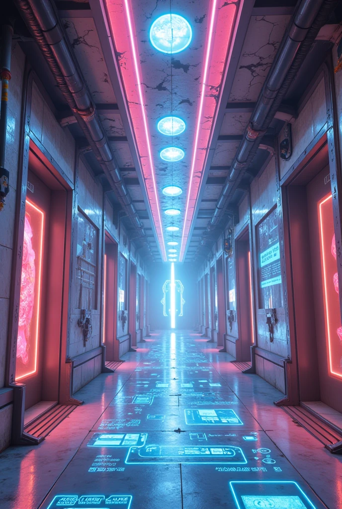  futuristic technology ： The corridor is made of metal and glass ，The walls are covered with flashing displays and lines， Displaying various data and codes 。 The ground is a glowing energy plate ，The color and brightness change with the movement of footsteps。 There are holographic doors on both sides of the corridor ，The technological scene of the future can be vaguely seen inside the door， At the end is a dazzling beam of light ， It seems like a passage to another dimension 。
Ruined remains：Dilapidated corridors，The walls are covered with cracks and peeling murals， Revealing the masonry structure inside 。Rusty metal pipes and wires hang from the ceiling， x}Broken furniture and sundries are scattered on the ground。 Sunlight shines in through the broken windows ，Mottled light and shadow， At the end is a collapsed ruin ，As if telling the past glory and vicissitudes。
Fantastic fairy tale：The walls and ceiling of the corridor are painted in soft pink and blue， As sweet as cotton candy 。 The walls are decorated with exquisite reliefs ，Characters and scenes from various fairy tales are carved， Like Snow White 、Cinderella, etc. 。The floor is covered with soft carpets， Printed with lovely flower patterns ，Beautiful music and laughter can be heard from behind the doors on both sides of the corridor， At the end is a huge candy house ， emits an attractive scent 。