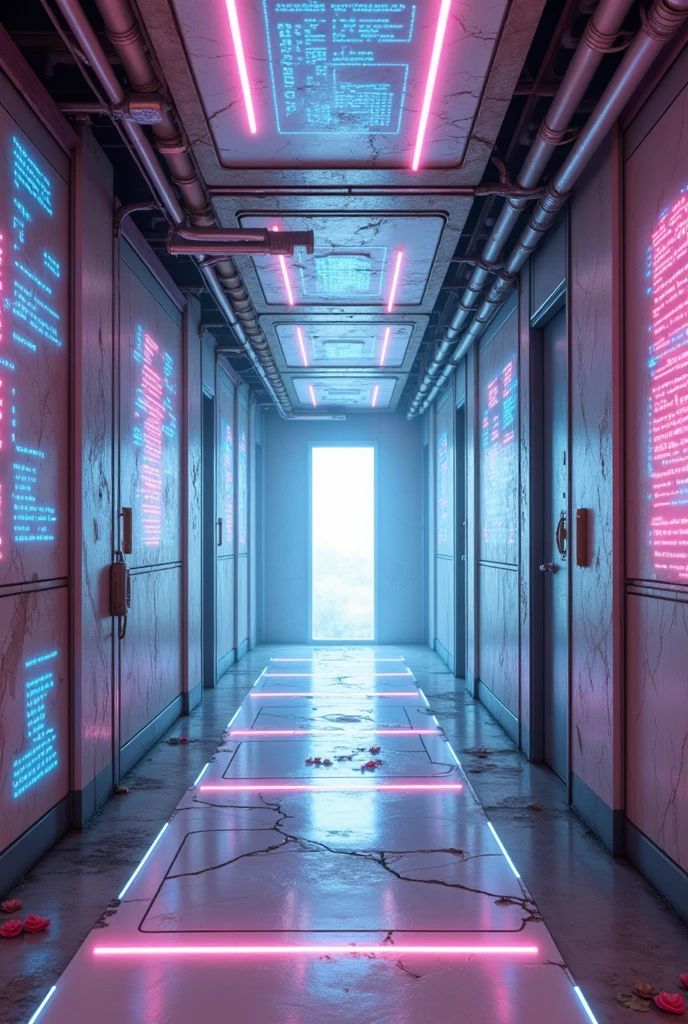  futuristic technology ： The corridor is made of metal and glass ，The walls are covered with flashing displays and lines， Displaying various data and codes 。 The ground is a glowing energy plate ，The color and brightness change with the movement of footsteps。 There are holographic doors on both sides of the corridor ，The technological scene of the future can be vaguely seen inside the door， At the end is a dazzling beam of light ， It seems like a passage to another dimension 。
Ruined remains：Dilapidated corridors，The walls are covered with cracks and peeling murals， Revealing the masonry structure inside 。Rusty metal pipes and wires hang from the ceiling， x}Broken furniture and sundries are scattered on the ground。 Sunlight shines in through the broken windows ，Mottled light and shadow， At the end is a collapsed ruin ，As if telling the past glory and vicissitudes。
Fantastic fairy tale：The walls and ceiling of the corridor are painted in soft pink and blue， As sweet as cotton candy 。 The walls are decorated with exquisite reliefs ，Characters and scenes from various fairy tales are carved， Like Snow White 、Cinderella, etc. 。The floor is covered with soft carpets， Printed with lovely flower patterns ，Beautiful music and laughter can be heard from behind the doors on both sides of the corridor， At the end is a huge candy house ， emits an attractive scent 。