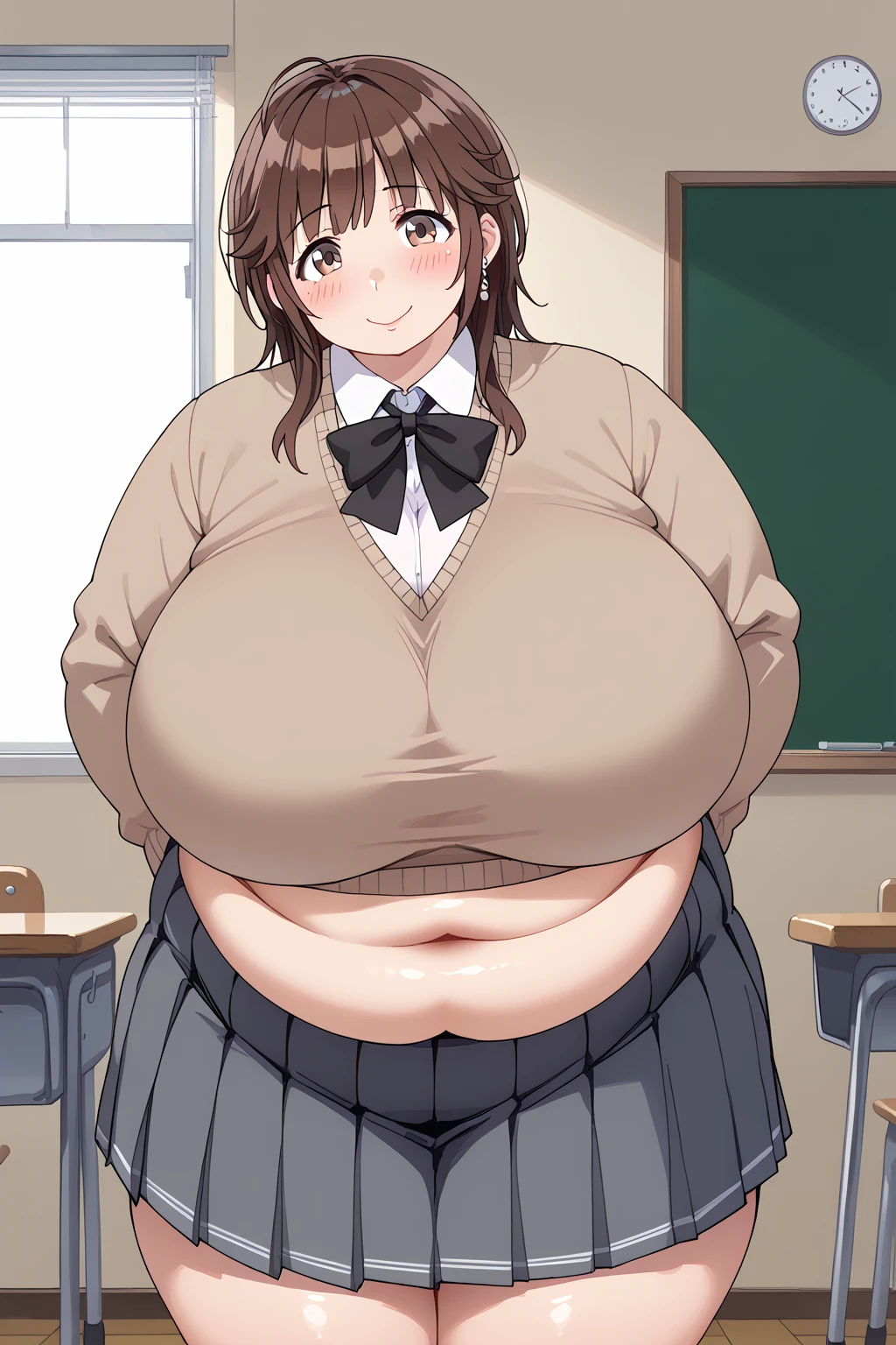 Sakurai Rihoko, Rihoko Sakurai, brown eyes、 brown hair,grey  skirt , kibito high  school uniform, pleated  skirt ,  school uniform、 skirt 、 sweater 、indoor、classroom、Bent Over, troubled expression,blush,Huge Saggy Tits,Sloppy belly fat,Obese middle-aged woman,Severe obesity, Fat face,ssbbw,weight 250kg, score_9,  score_8_ up、 score_7_ up、 score_6_ up、 score_5_ up、 score_4_ up、 Masterpiece、 top quality, A beautiful woman with an obese figure,  absurd、 source_Anime, Anime screencap,  one woman、Alone、 personal  、Super huge breasts,  super huge clevis、Super huge, Super huge boob,Curvy、 Wide Hips 、