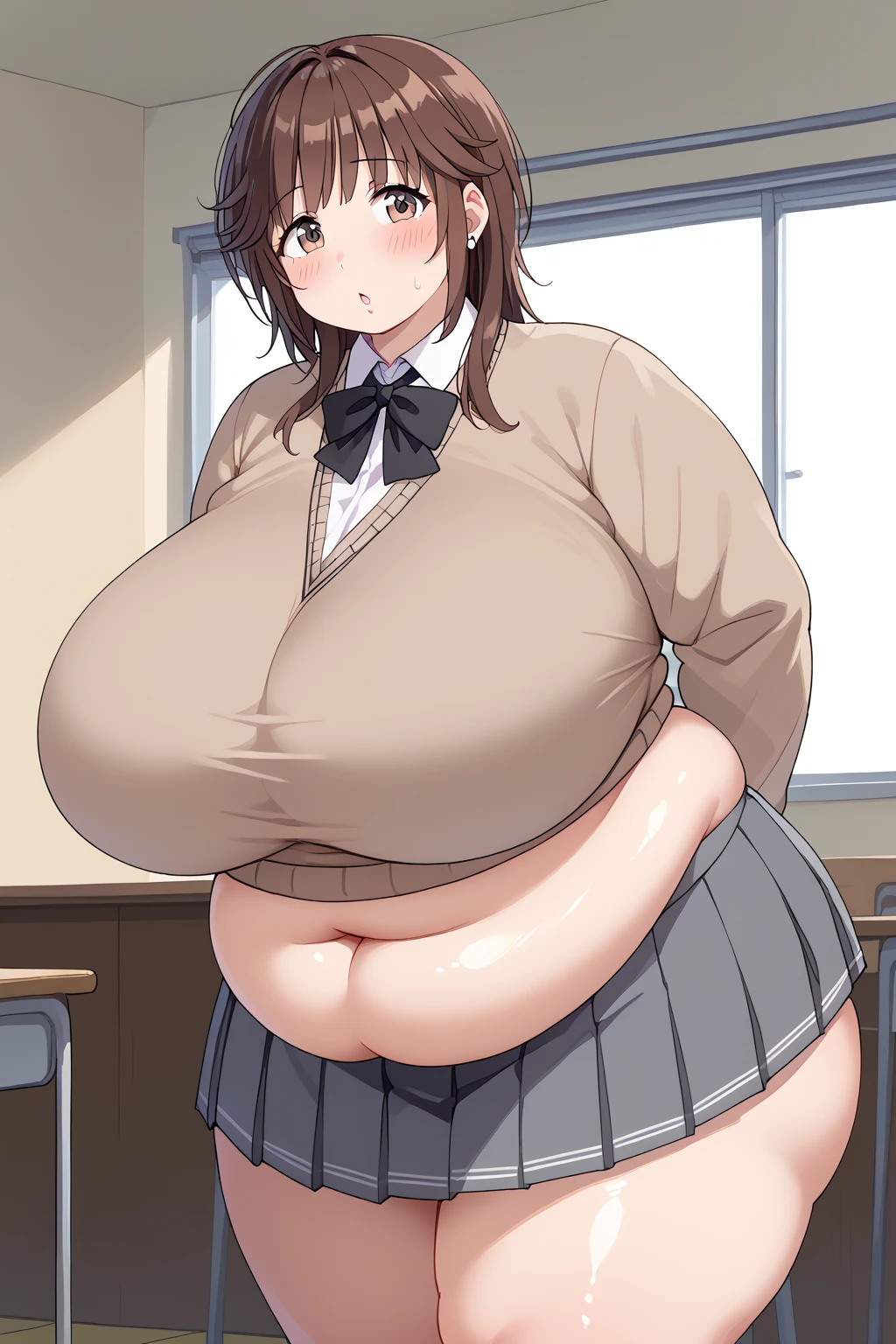 Sakurai Rihoko, Rihoko Sakurai, brown eyes、 brown hair,grey  skirt , kibito high  school uniform, pleated  skirt ,  school uniform、 skirt 、 sweater 、indoor、classroom、Bent Over, troubled expression,blush,Huge Saggy Tits,Sloppy belly fat,Obese middle-aged woman,Severe obesity, Fat face,ssbbw,weight 250kg, score_9,  score_8_ up、 score_7_ up、 score_6_ up、 score_5_ up、 score_4_ up、 Masterpiece、 top quality, A beautiful woman with an obese figure,  absurd、 source_Anime, Anime screencap,  one woman、Alone、 personal  、Super huge breasts,  super huge clevis、Super huge, Super huge boob,Curvy、 Wide Hips 、