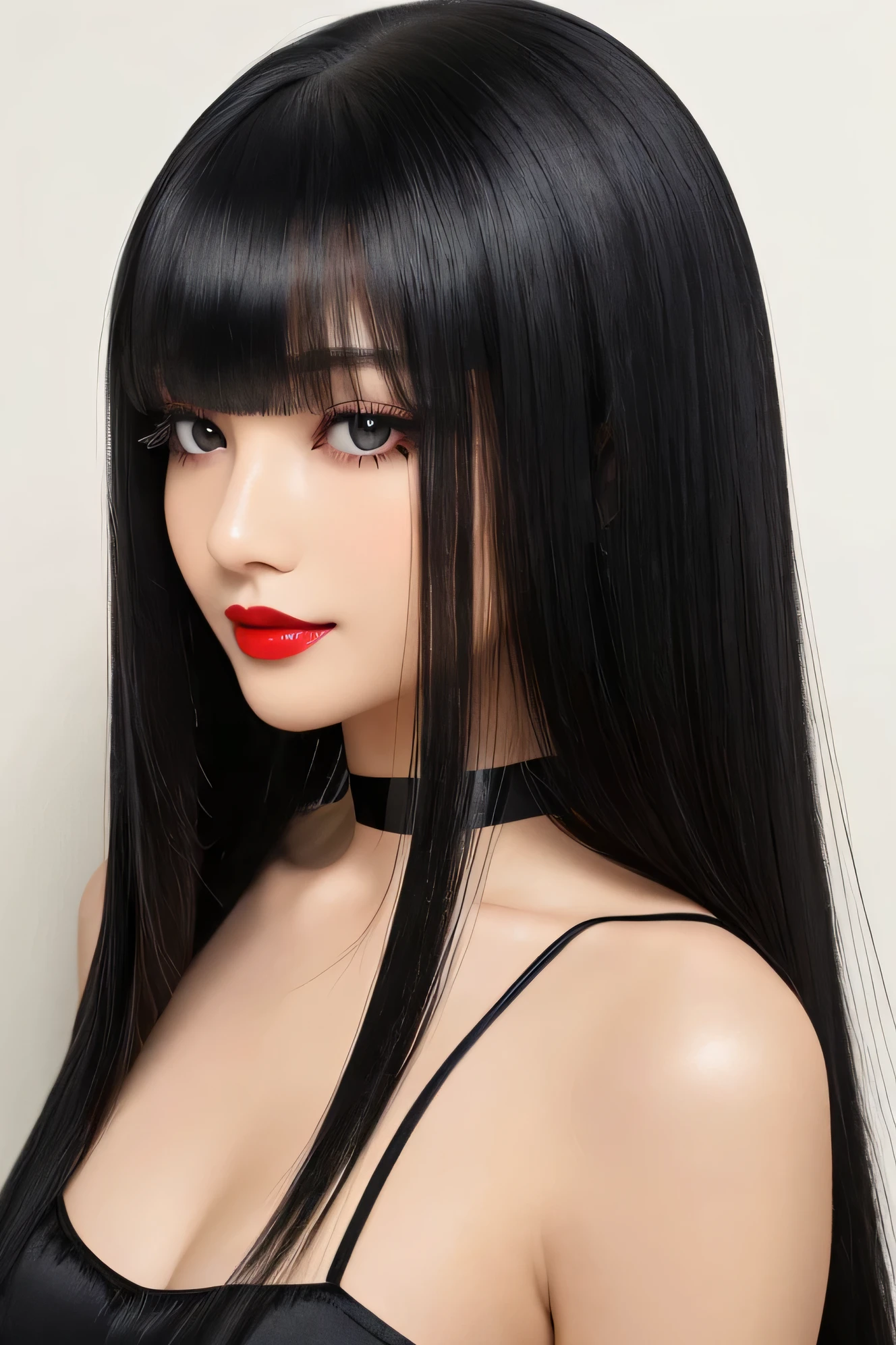 1 Female( CLOSE UP OF HER FACE :1.5!!!) (She turns to the viewer and laughs so wonderfully!!!!!) ((highest quality)) ((masterpiece)) (familiar) (Get used to it) (White wall background!!!!!) (The most beautiful and sensual 24-year-old cosmetics model in Japan) (Her bangs are neatly trimmed and worn straight down.:1.5) (Very shiny and voluminous, Very straight!!! highest quality, the highest quality, ridiculously long, everlasting unusually long, black hair is wide at both ends of her body Her highest quality, highest quality, unusually long, black hair that lasts forever, is extremely long hair !!! Her beautiful jet black hair is very long!!! Her hair is very black!!! length, Shiny black hair, black silky hair, detailed length black hair, length black straight hair, long Straight black hair, length black hair, 太くShiny black hair, length black hair, Straight black hair, length and free straight black hair, Perfect Silky Straight Hair, Extra Dark Natural Black Hair, very length black hair) (She received a beautiful make-up done by a professional make-up artist... Exquisite texture:1.4 Bright red lipstick Beautiful black eyeliner) (She is wearing a shiny random color silk camisole dress.) Perfect Woman'face (She has a typical Japanese build and skin color..., Her skin is very high quality and ultra high definition.、very beautiful and glowing skin) (Her face is dignified and sexy)(She applied sexy makeup with the help of a professional makeup artist.... Lipstick is bright red The eyeliner is a beautiful black) (She has a typical Japanese build and skin color Her skin is very delicate and sensitive..、and、Such beautiful and radiant skin) ((Her face shape is thinner than average:1.4)) ((Her eyes are larger than average:1.6)) ((Her eyes are wider than average:1.6)) ((Her eyebrows are very thin:1.8)) ((Rich 1.4)) (Extremely detailed 8K) (Ultra-fine skin texture 1.4) (Actual, Vibrant:1.4), Sharp focus:1.2、Beautiful woman:1.4 Dynamic Lighting (Genuine RAW photos taken by professional photographers) very beautiful and glowing skin) (Surreal photos by professional photographers :1.2)