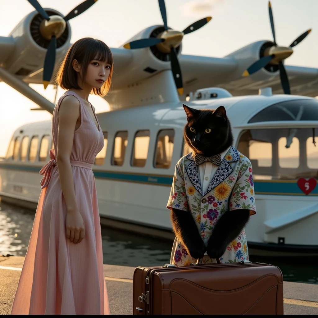 ultra-realistic, photorealistic, dramatic scene, shadow, global-illumination, melancholy, 1 girl\( 20 years old Japanese beautiful girl, beautiful with cute face, wearing a cute patterned one-piece dress with long skirt, pastel camisole, shoulder-length brown hair, accessories, simple sneaker, elegant hat\), 1 human-like giant black cat\( human-like giant black cat, bow tie, wearing a conservative aloha-shirt, slight taller than the girl, standing with her, wearing an dark colored aloha-shirt, holding a large suits case, little chubby\), the girl and human-like giant black cat are about to board the private flying boat moored at the private seaplane port, old flying boat with four propellers attached at the wings, the propellers are illuminated by the warm sun, shoot from side of a seaplane