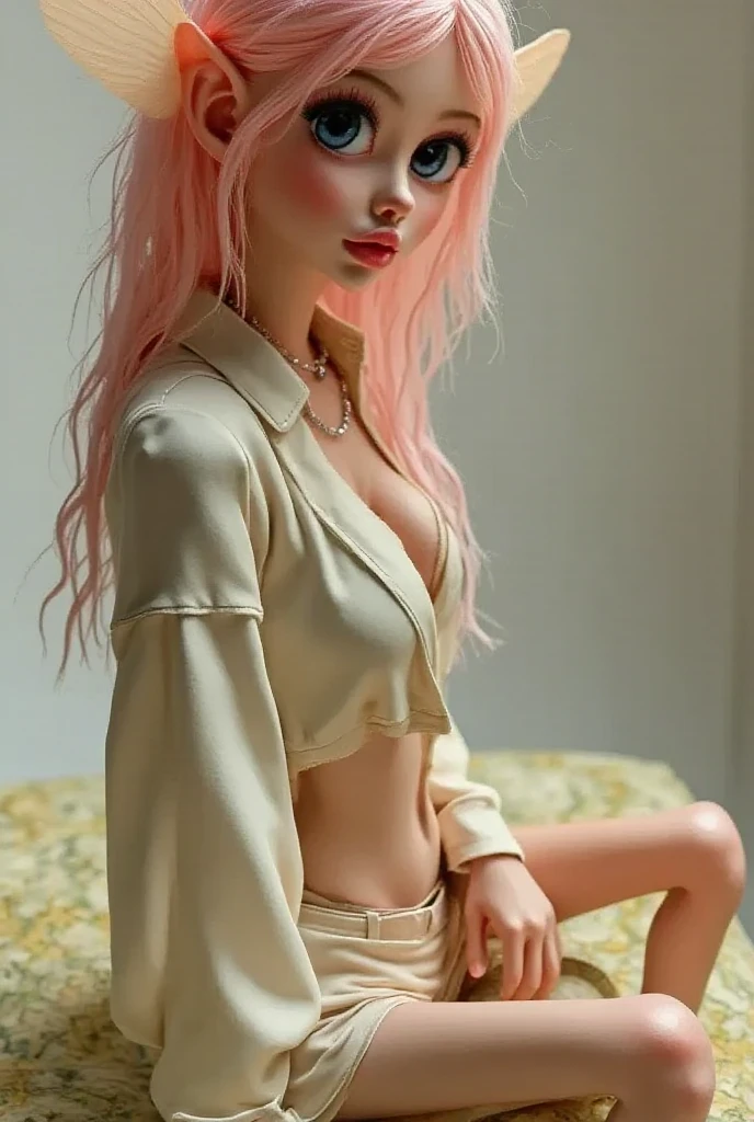 porn girls , Latex shoker,young girl 18 years, No mask cute young face,The face is watching , pink hair,ponytail, black eyes,See full upper body, heavenly robe with large cutout , sitting in bed,lolita,jung, Face like a  ,elf ears, heavenly bed