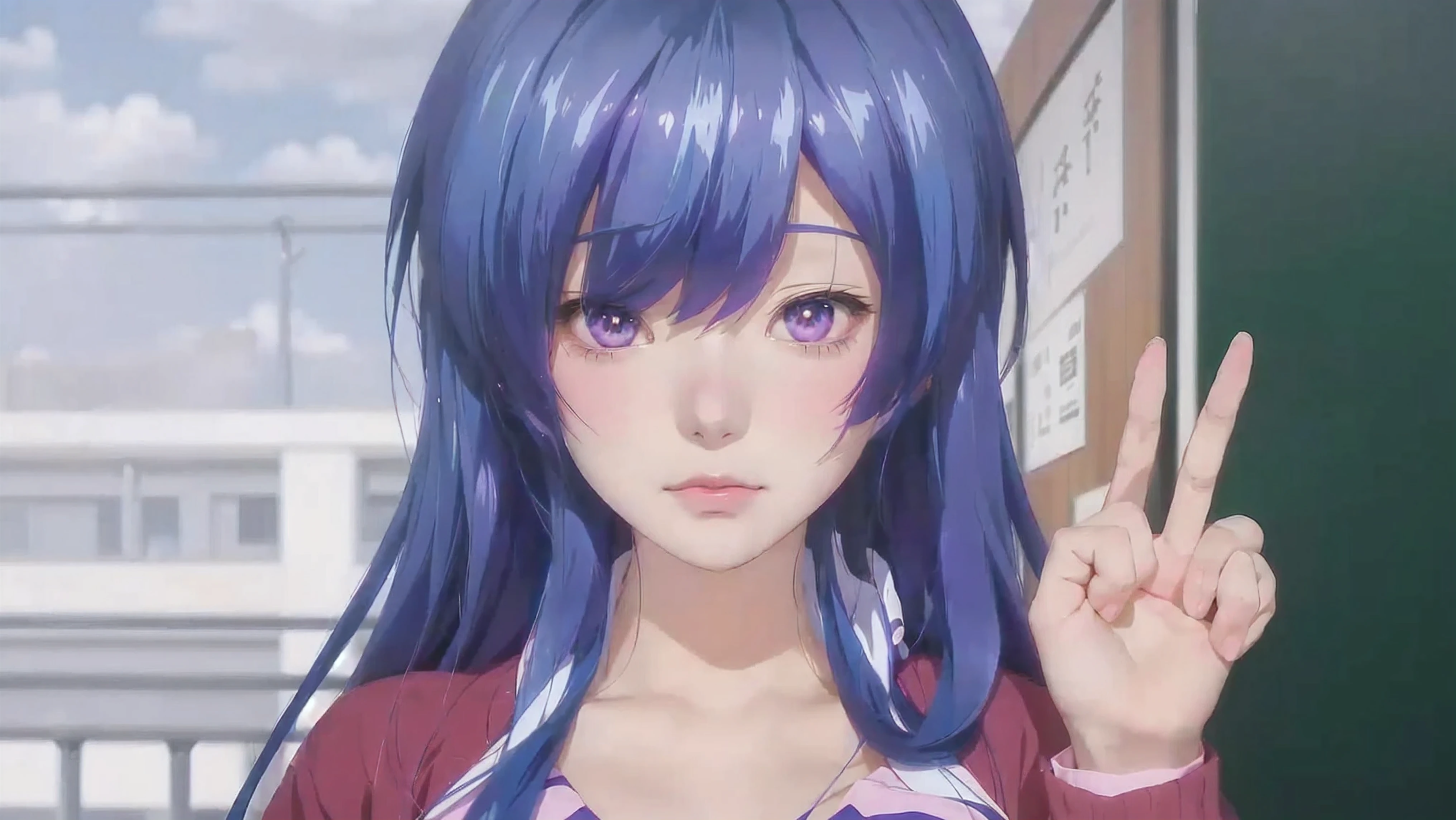 Anime girl with blue hair and purple shirt holding a peace sign,  seductive anime, anime girl named Lucy, anime moe art style, best anime girl, Visual anime of a cute , Misato Katsuragi, cute high school anime girl, Ikki tousen, Yuyushiki, nagatoro,  Attractive anime girl , in an anime