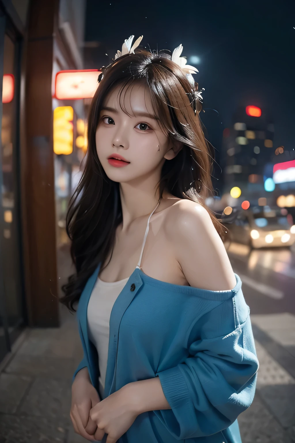 (Masterpiece), top quality, 超 high definition , , cyberpunk one girl is flying over an amazing cityscape , hoodie, Blue Hair, neon color流れ星 , touch very long hair , off shoulder, feather headdress, neon color, Blink, A Beautiful Night Sky , cinematic lighting, photorealistic, realistic skin, high definition,fisheye
