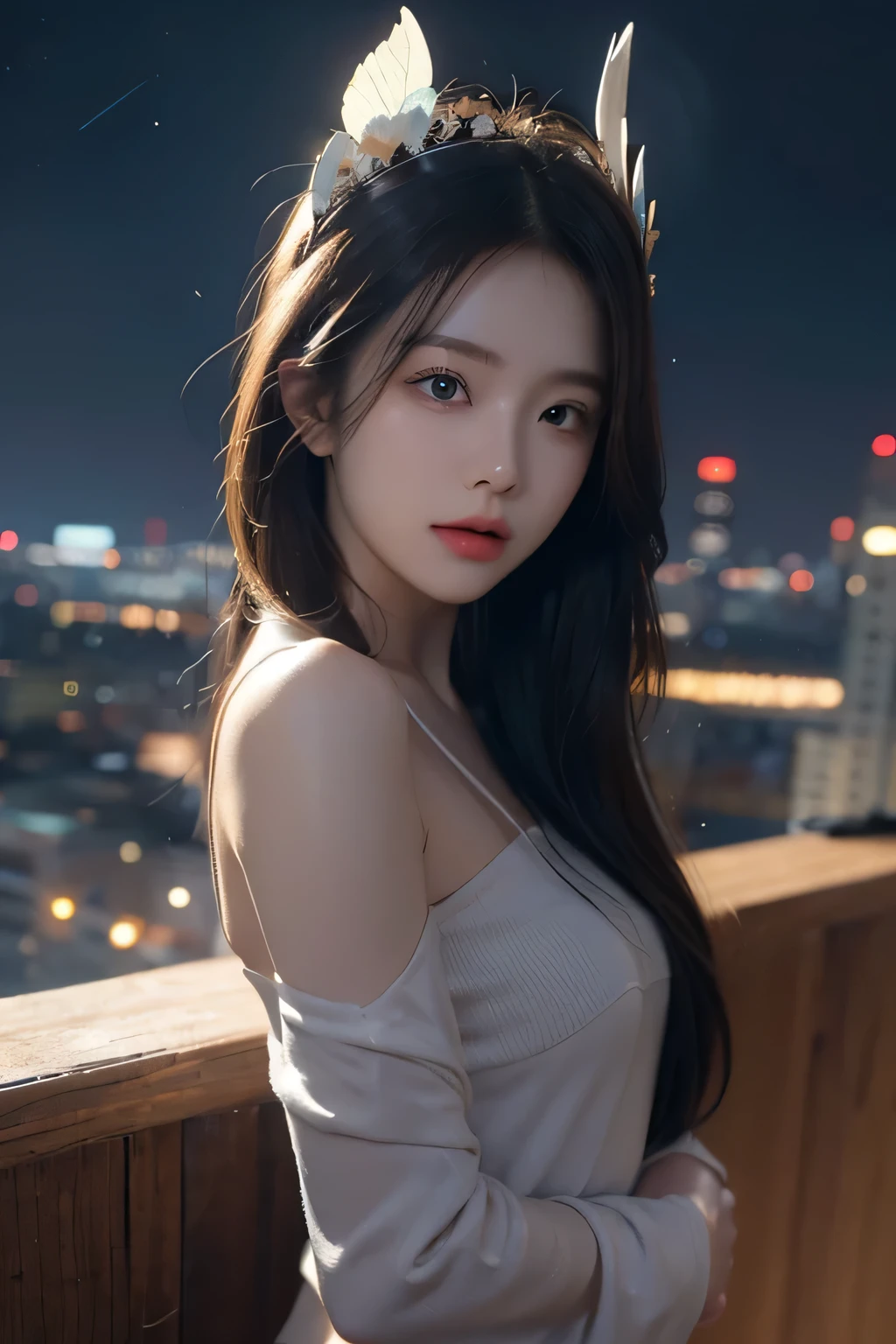 (Masterpiece), top quality, 超 high definition , , cyberpunk one girl is flying over an amazing cityscape , hoodie, Blue Hair, neon color流れ星 , touch very long hair , off shoulder, feather headdress, neon color, Blink, A Beautiful Night Sky , cinematic lighting, photorealistic, realistic skin, high definition,fisheye