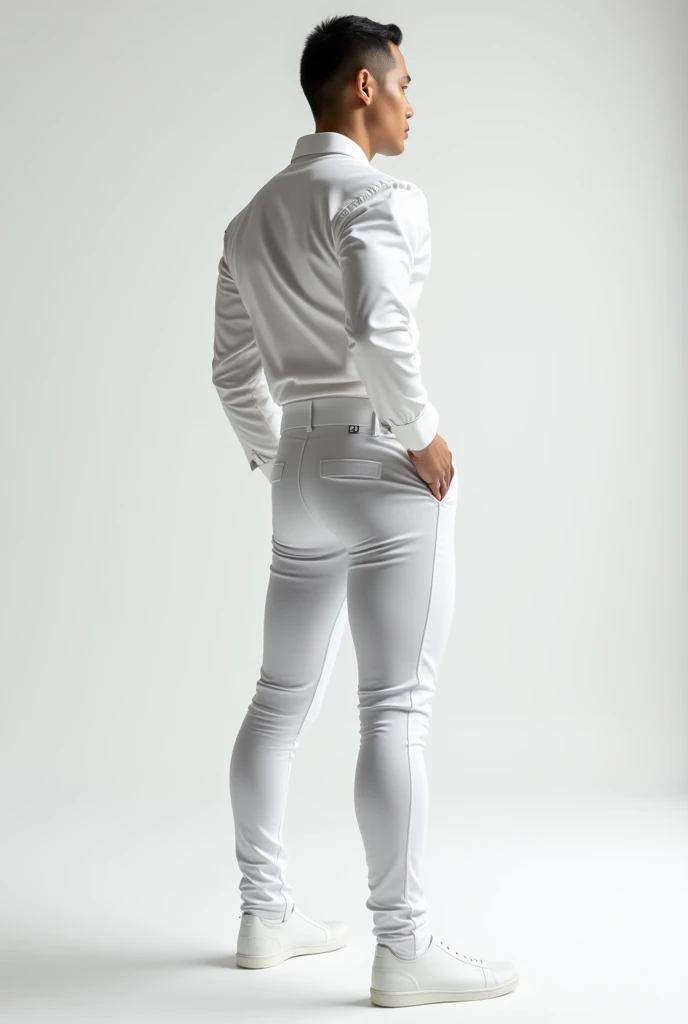 Fullbody standing picture of white Handsome muscular nude horny sexy gay man wearing skinny tight shiny cream latex tights with latex suit, shiny light brown glued hair Disconnected Pompadour oiled hair style, very big golden neck chain, shiny varnished brown shoes, brown belt, red lip, six pack, tattoos, horny, cum shot, sperm, milking penis, very big penis, very big testicle, shiny oiled skin, orgasm, oversexed, masturbation, standing at white lighting show room.