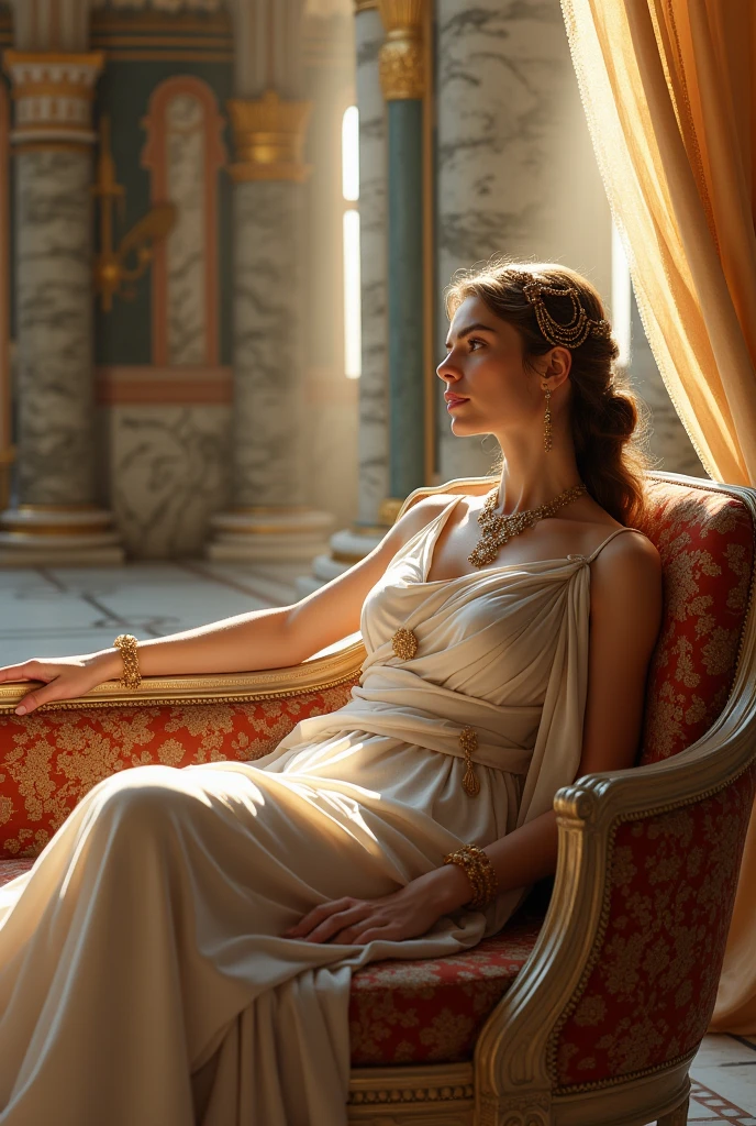 the goddess Athena sitting on chair wearing wedding Greek dress in big room in palace and front of her a vase with rose