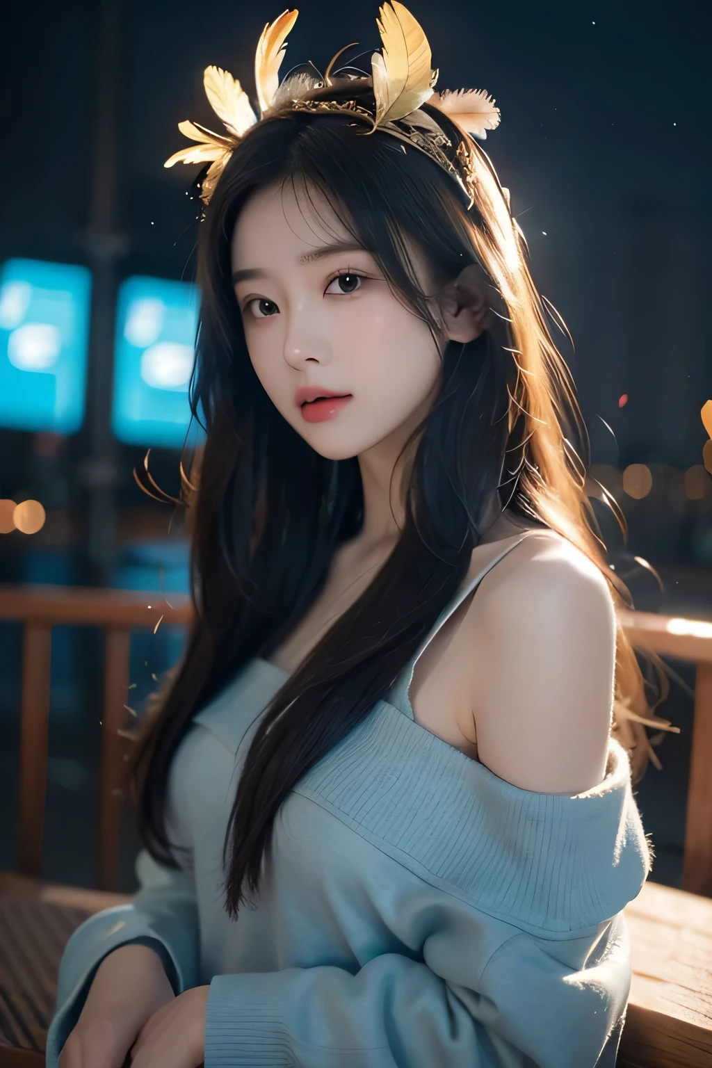 (Masterpiece), top quality, 超 high definition , , cyberpunk one girl is flying over an amazing cityscape , hoodie, Blue Hair, neon color流れ星 , touch very long hair , off shoulder, feather headdress, neon color, Blink, A Beautiful Night Sky , cinematic lighting, photorealistic, realistic skin, high definition,fisheye