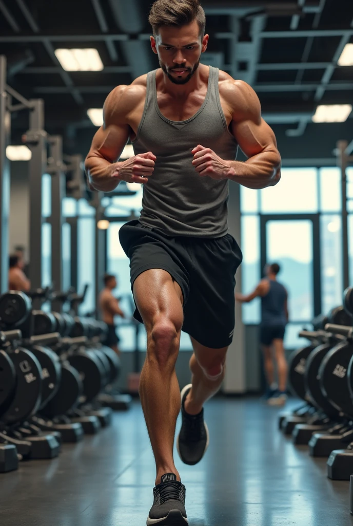Masterpiece, denoise, void noise, one man, best quality, 8k resolution, male focus, focus only, amazing composition, volumetric lighting, super quality, elegant, Very detailed, , front view, facing viewer, -----------, 35 years old, mature face, muscular, Caucasian, (((white skin, pale skin))), handsome, (detailed light-blue eyes), ((light blonde hair, messy medium hairstyle)), big ears, (hairy pectorals, thick plenty chest and body hair), (medium long beard), (((((Jim Sturgess mixed with Russell Tovey))))), (((big nipples, perky nipples))), ------------, ((((detailed slightly down shorts)))), ((((shirtless))), (((daylight))), (((running on a treadmill)))