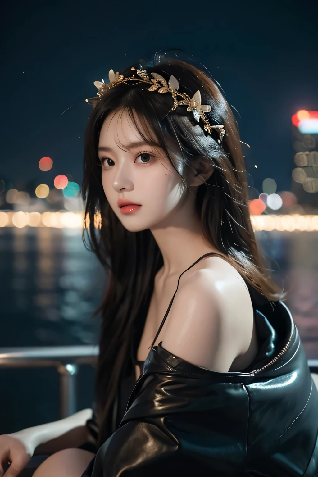 (Masterpiece), top quality, 超 high definition , , cyberpunk one girl is flying over an amazing cityscape , hoodie, Blue Hair, neon color流れ星 , touch very long hair , off shoulder, feather headdress, neon color, Blink, A Beautiful Night Sky , cinematic lighting, photorealistic, realistic skin, high definition,fisheye