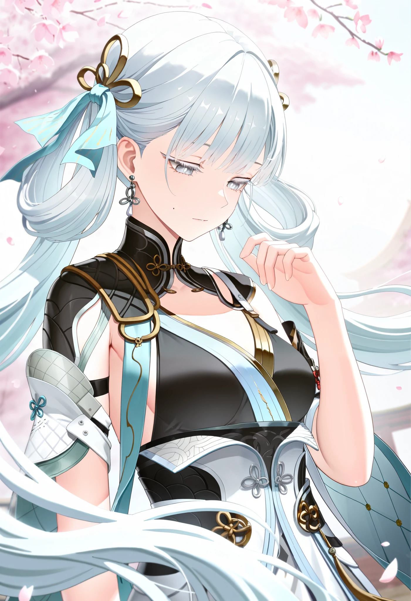 masterpiece, best quality, very aesthetic,
1girl, jinhsi \(wuthering waves\), white hair, long hair, very long hair, mole, mole on cheek, white eyes, bright pupils, white eyelashes, earrings, standing, hand up, blurry background, outdoors, petals, sakura, upper body, looking down, dutch angle,