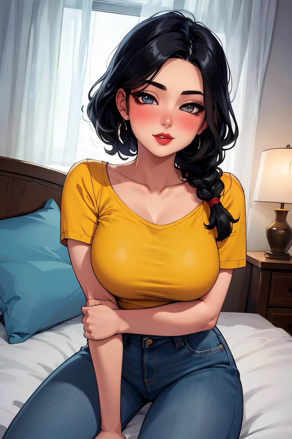 Amazing portrait of a cute and sexy woman with her black hair braided over her shoulder and a beautiful face with smokey eyes in a seductive gaze and red lips in a seductive smile, her porcelain skin blushing pink wearing a pastel yellow t shirt and jeans on a bed with intimate lighting beautifully accentuating her amazing features