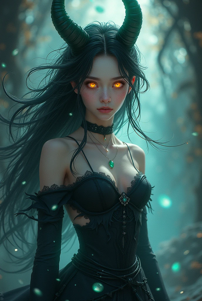 (fantasy RPG) sexy female blood demon, (short black hair) (red eyes), menacing yet alluring expression, dressed in dark, tattered armor accentuating her curves, intricate black design elements, shadows and intense lighting highlighting her features, (dark color scheme), blues and purples providing a chilling contrast, foreboding background with ominous details like twisted trees, (highly detailed) (4K)