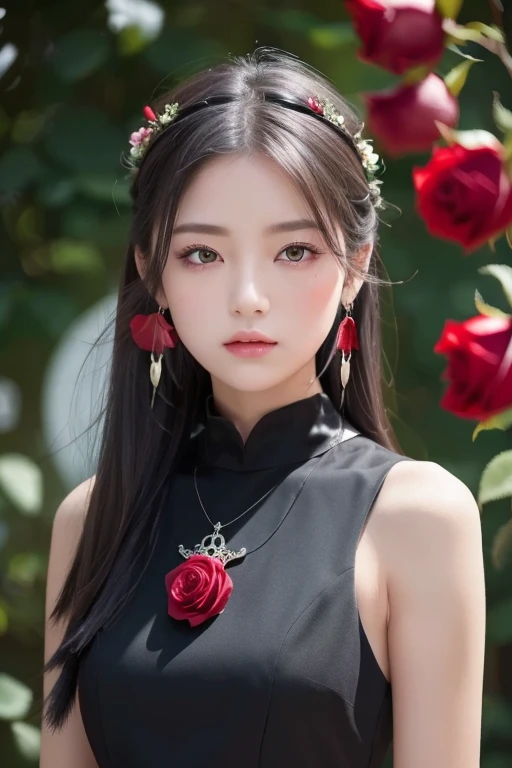 ( top quality , masterpiece), ( 1 girl, Alone,  black dress,  is standing ,  Watch Viewers , Gray Hair,  red eyes, With a rose,   closed mouth ,  upper body), ( and the red dream catcher is in the back, Red Flower, )