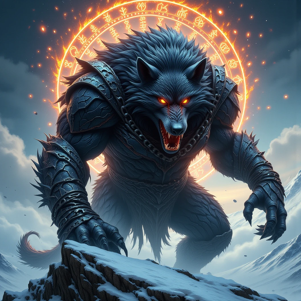 Ginormous black wolf sits like a guard at the peak of a snow covered mountain, looking over a snowfilled valley. Facing viewer. The wolf snarling and his eyes are fiery. His pelt is scarred and his body is wrapped in chains. A blizzard wails around him, blowing his thick black fur. Snow falling fast and being blown around. Fiery Viking runes appear in the sky behind him. The name "Cajun Fenrir" sketched in fiery letters between the runes in the sky. Dynamic movement, dynamic posing, High Resolution, Masterpiece, Cinematic, Depth Of Field, Image Fill, Floating particles 