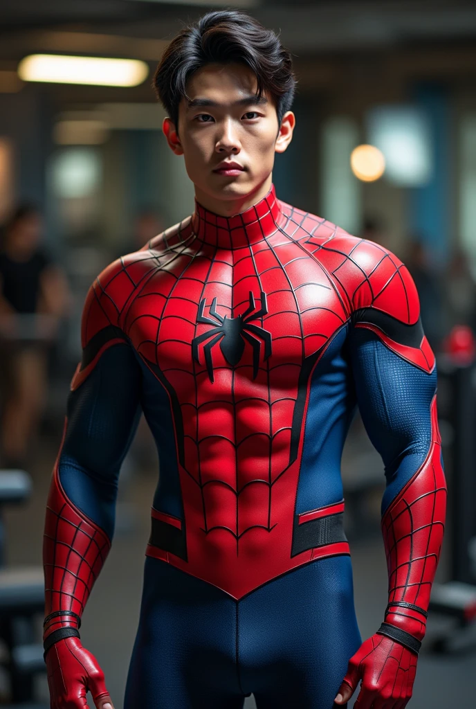 A young Korean boy in a torn Spider-Man costume. with details, Red and black color scheme :: Highly detailed, แมงมุมที่มีHighly detailed, ดวงตาที่มีHighly detailed, นิ้วที่มีHighly detailed, Take the whole body, Quiv haircut, dynamic poses, Look at the camera, Detailed parts of the face, Manly, nighttime, city scenery, city lights, Detailed city roof background, Monk sex, perfect anatomy, Symmetrical body, Asia, 19 years old, realistic, human skin, short hairstyle, handsome chad chin, handsome, sit, open legs, charming, Be a man, sexually, close your eyes, open your mouth, human skin, (Make eye contact), charming, Big hip pants, very good, depth of field, perfect composition, in the middle ,(Torn shirt:1.5)