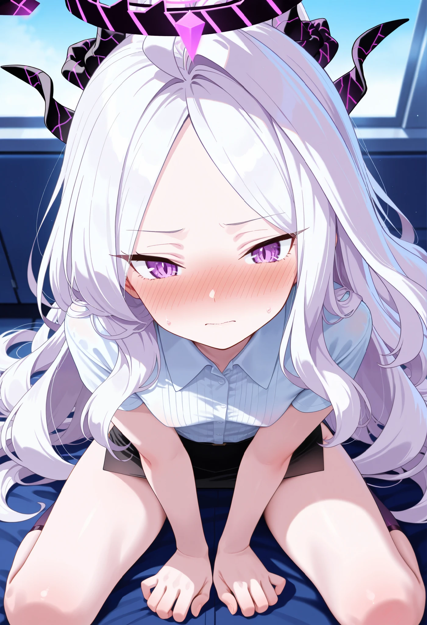 masterpiece, best quality, very aesthetic,
1girl, hina \(blue archive\), blue archive, white hair, purple eyes, nose blush, collared shirt, skirt, embarrassed,