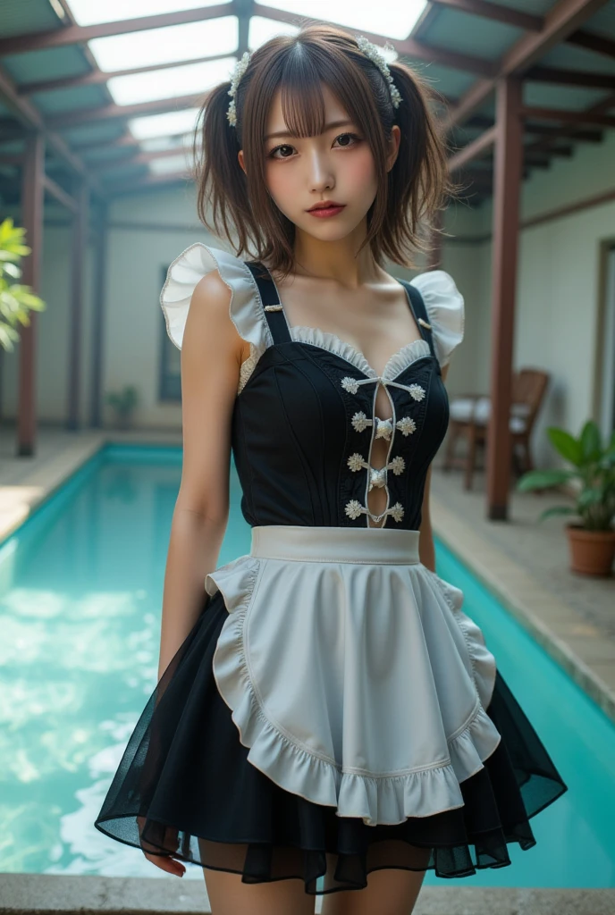 (realistic, photo realistic:1.37), incredibly absurd, (Extremely detailed:1.3), 8K, (masterpiece), (highest quality:1.4), (ultra high resolution:1.2), (RAW photo:1.2), (unity 8K wallpaper), 1 nogizaka girl, So cute, (bishojo:1.35), (15 years:1.4), ((alice and the pirate fashion)), Beautiful dress with delicate details, ((blue rose hair accessories)), ((Laced boots)),garter stockings,A delicate and beautiful face, eyes, and skin, dense black shiny hair, smile at the camera, Petit Trianon Garden and Farm House, See the village and lake, super detailed background, professional lighting
