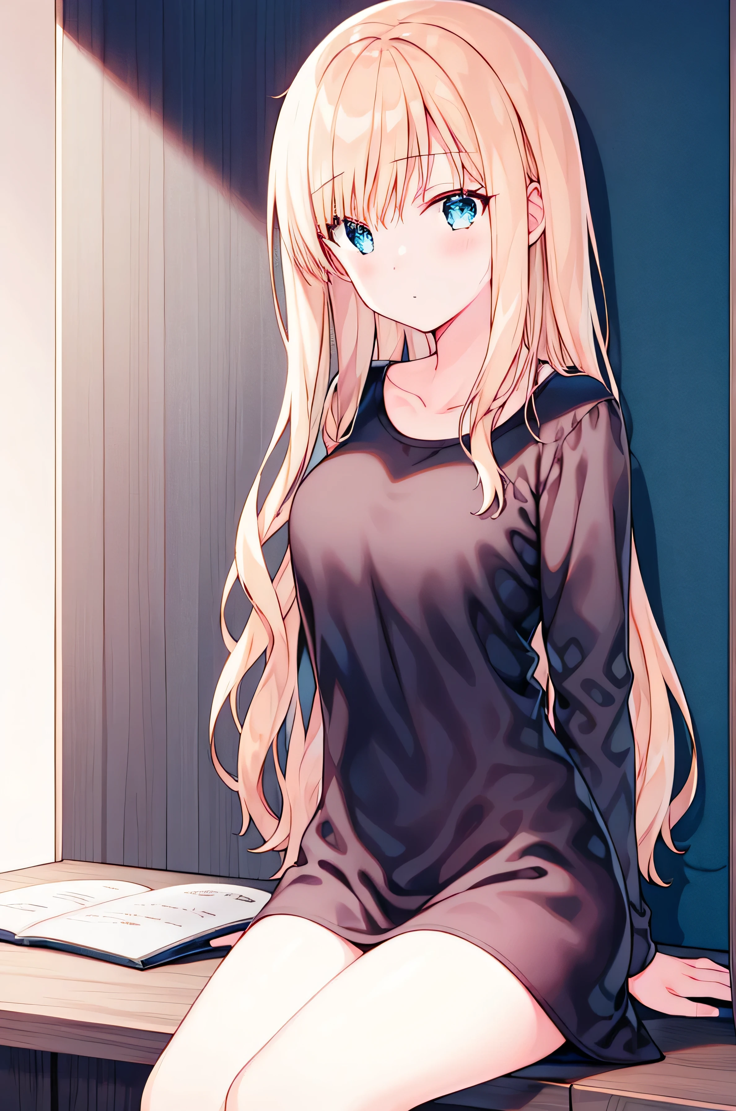 only 1 girl, nakaNo._future, Unique , Scantily clad, , blue_With eyes, golden_hair, Long_hair, hair_ between_With eyes, White_, _clothing, Watching_Shown in_peek viewerbackground, shirt, sit, Deactivate_, Umbilical cord, No._OK, _shirt, through bangs , Long_sleeve, big_, medium_, Cardigan shirt , blush,