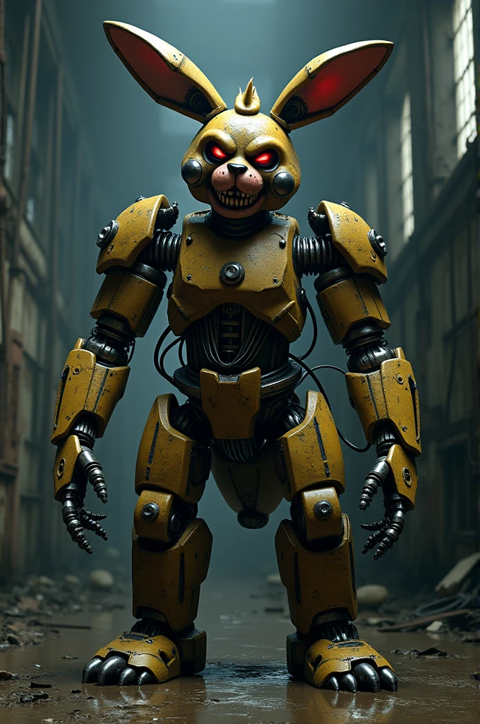 Springtrap, a mechanical rabbit suit with the suit half broken with little blood, holding a bloody knife and a human body trapped inside it. Scenario a pizzeria with blood with some bodies on the floor with some souls coming out of the bodies.