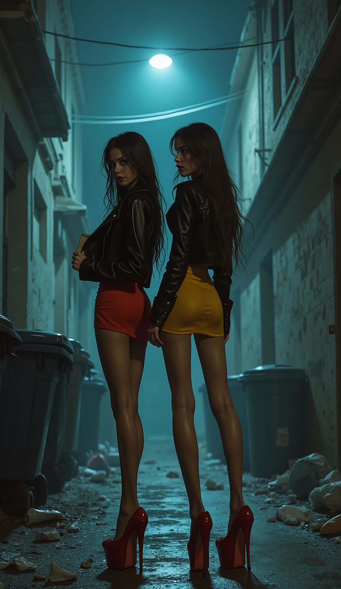 A realistic cinematic depiction of two beautiful young skinny aorexic women, aged  to 19, standing together on a deserted dark Back alley at night, the back alley are full ov trash and trashcans, (One of the girls is holding an hand whitten paper sign Text "KNULLA OSS 500Kr"), (the girls have super long skinny anorexic legs), (extremely long skinny legs :1.9), long over the knee silk stockings, (short revealing skintight latex micro dresses—one in vibrant bright pink—each paired with a casual biker leather jacket draped over their shoulders). ((super tall platform 25inch high heels)), (Platform High heels), but their focus is elsewhere. Their faces are etched with visible fear and anxiety. One woman is clutching her jacket tightly around her chest, her wide eyes staring into the distance, while the other looks over her shoulder, her mouth slightly open as if gasping or about to scream. Their hair is super long and slightly tousled from the cold night breeze—one with loose waves and the other in a long messy ponytail. The back alley is dimly illuminated by a flickering streetlight, casting harsh shadows across the ground. Behind them, deep in the shadows, looms the faint silhouette huges man in black clothing and huddie over his head, he is holding a big knife, barely visible through the fog but undeniably menacing. The atmosphere is thick with tension and foreboding, as the women,s vulnerability contrasts sharply with the silent, oppressive darkness surrounding them.