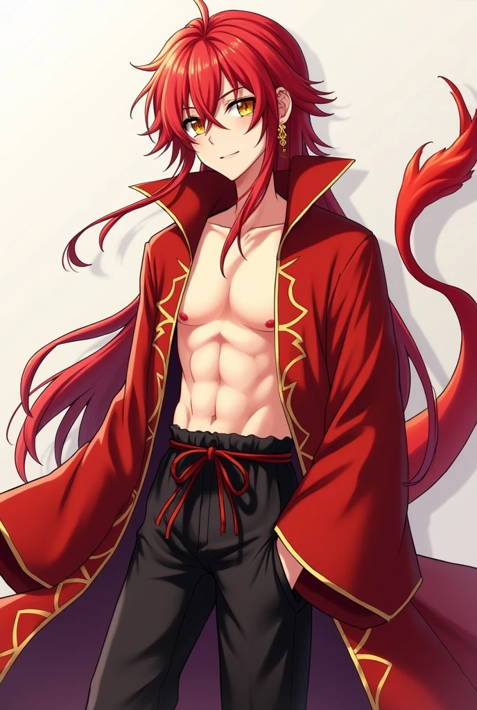 Boy 12-year-old, red eyes, red long hair,(long hair), smiling, shirtless, anime, room background