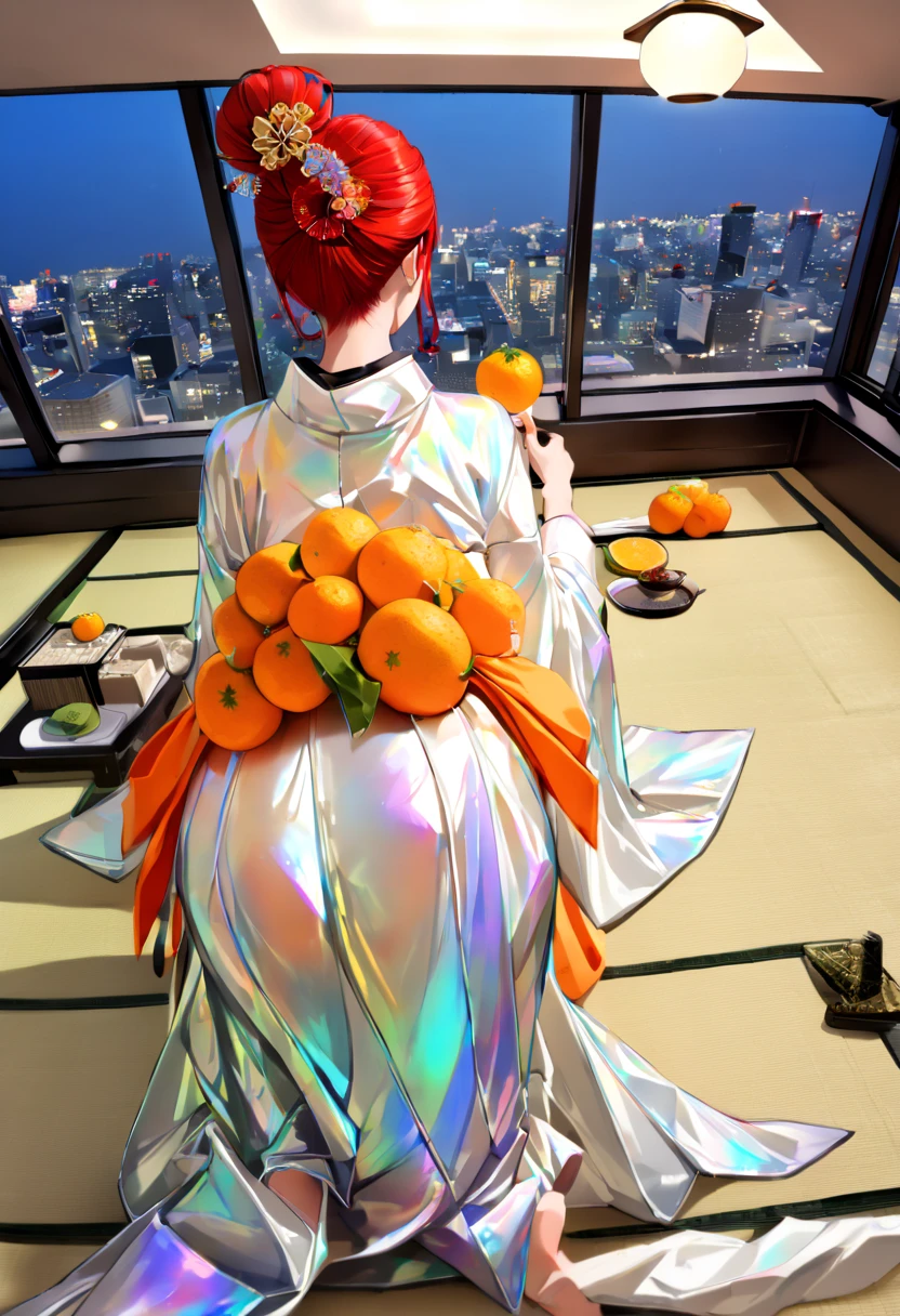 (hatsune miku:1.2), (iridescent glowing kimono, wide sleeves:1.4), (kanzashi:1.4), (kneeling, top-down:1.4), (one large mandarin-orange on waist, mandarin-orange on hip:1.4), (from behind, cowboy shot:1.4), (luxurious penthouse, indoor rooftop japanese-style room, tatami:1.4),