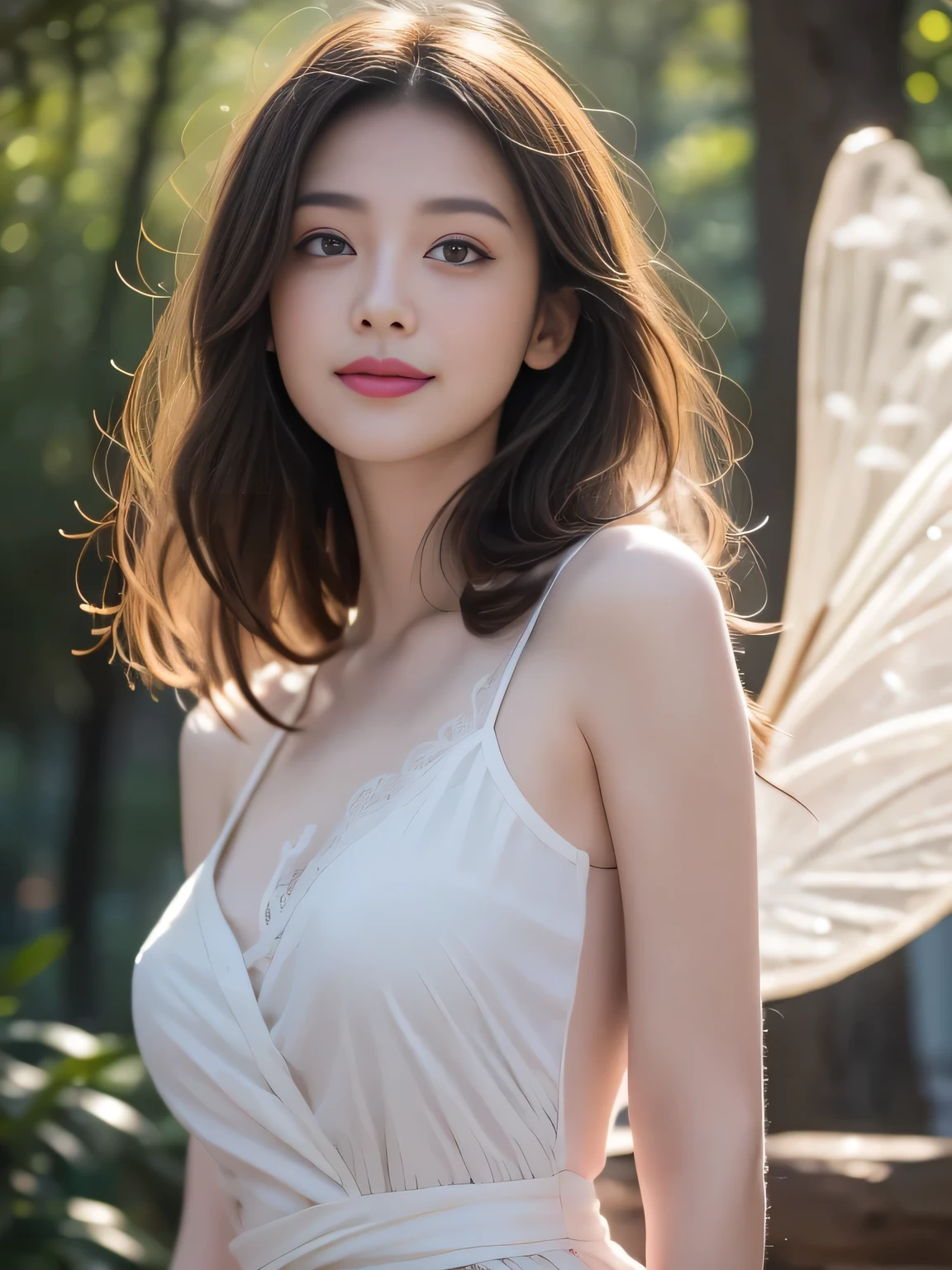 ( masterpiece:1.2), best quality, (illustration:1.2), (ultra-detailed), Ultra Detailed , (Delicate and meticulous), ( intricate details ), ( cinematic lighting, best quality Backlights), Clear boundaries, From below, soloist, Soft light , ethereal, magic looking, A girl with soft black curls,Natural looking , brown eyes, forest, fairy tales, whole body, perfect body , Big , magic, Light Particles, firefly, lovely smile