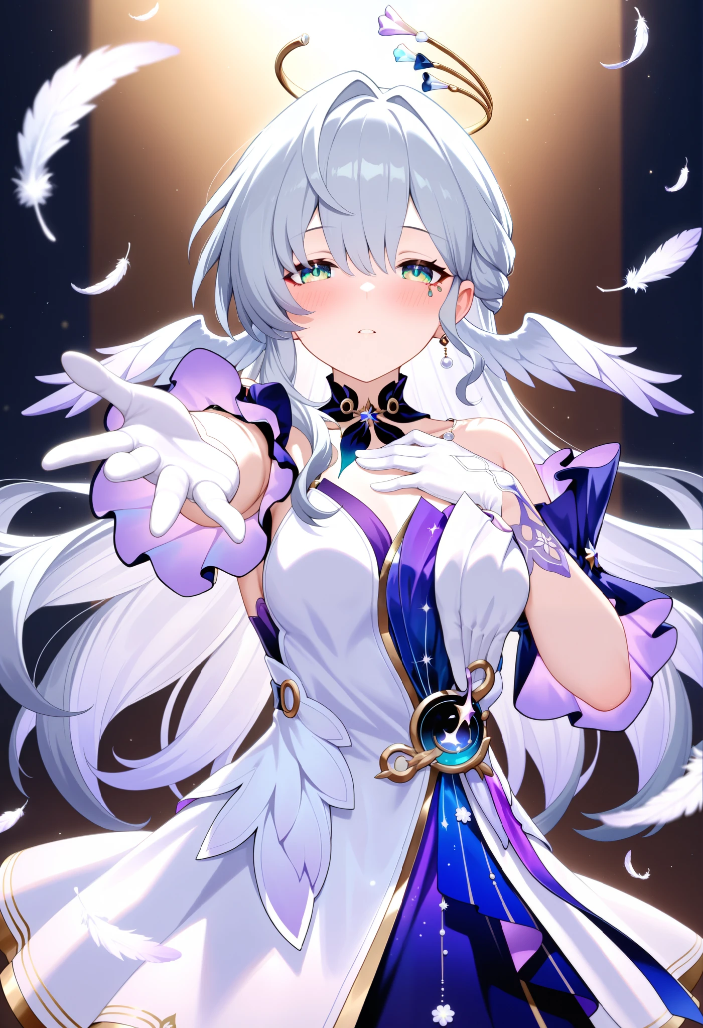 masterpiece, best quality, very aesthetic,
1girl, robin \(honkai: star rail\), green eyes, blush, solo, falling feathers, hand on own chest, feathers, reaching, reaching towards viewer, white gloves,