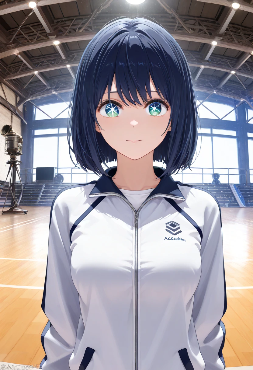 (ultra realistic photo, raw photo, portrait, Realism, 3D rendering, from movie stills, blender render, art academia, main artwork, soft lines,   steampunk)、break 1girl, alone, Akane Kurokawa \(oshi no ko\), Dark blue hair, Dark blue eyes, white track suit, , medium breasts,BREAK Inside, gymnasium,break (from front, looking at viewer, breasts focus,(close-up)),break (cowboy shot),BREAK (white undershirt),BREAK (practicing on stage, costume, focused, bright lighting, acting)