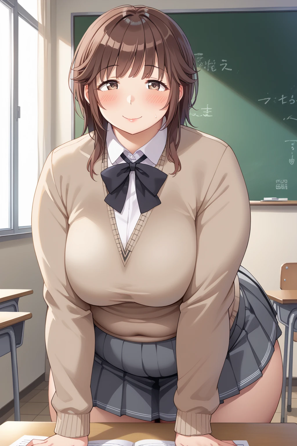 ddlcmonika, ddlcmonika, blunt bangs, brown hair, (Green eyes:1.5), (Huge-breasts:1.4), hairlong, pony tail, band, white ribbon, hair ribbon, side locks, BREAK Black Thighs, Blue skirt, brown jacket, jacket, long sleeves, mary janes, Above Knees, pleated skirt, school uniform, Shoes, upskirt, thights, thights, zettai ryouiki break looking at the viewer, BREAKTHROUGH in the room, Classroom, BREAK (Masterpiece:1.2), Best Quality, High Resolution, Unity 8k壁纸, (illustartion:0.8), (beautiful detail eyes:1.6), extremely detailed face, perfect lighting, extremely detailed CGI, (perfect arms, perfect anatomy)
