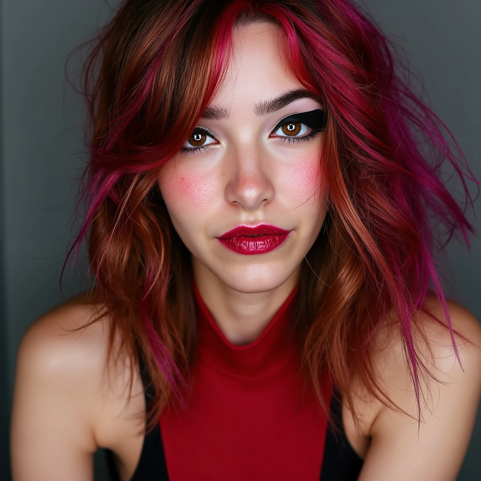 A beautiful, skinny girl with colourful hair, close-up portrait of her pretty face, captivating red lip gloss, dramatic eyeliner flicks, wearing a sexy latex neck-entry catsuit, (best quality, 4k, 8k, highres, masterpiece:1.2), ultra-detailed, (realistic, photorealistic, photo-realistic:1.37), HDR, UHD, studio lighting, ultra-fine painting, sharp focus, physically-based rendering, extreme detail description, professional, vivid colors, bokeh, portrait, cute, 18 years old, extremely shiny lips, lip oil, lip gloss, lip glitter, looking embarrassed and shy, cheeky smile, mouth open, drooling