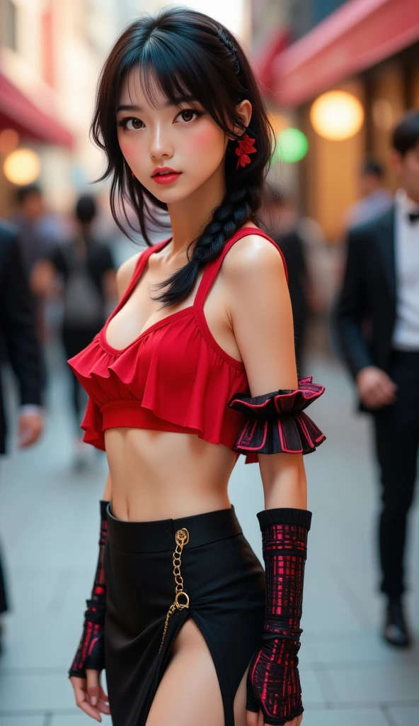 A young Asian woman, positioned slightly off-center to the left of the frame, is depicted in a dynamic, slightly stylized fashion.  She has long, dark black hair, styled in a braid adorned with red accents, and expressive brown eyes.  Her complexion is fair.  Her expression is neutral, with a slight hint of confidence.  She is wearing a cropped, vibrant red top with layered ruffled sleeves, a black, high-waisted skirt with a thigh-high slit, and black gloves with red/black patterns.  A gold chain is visible on the skirt's waistband.  Her body type is slender and athletic, with a visible waistline.  She is walking or posing, suggesting a sense of movement. The background is slightly out of focus, containing a street scene with blurred figures. The overall colors are bold with red, black, and hints of brown and beige. The lighting in the image is bright and directs attention to the woman's features and clothing. The composition and perspective suggest a street style or fashion photoshoot. The style and atmosphere are contemporary and fashionable. The image showcases a stylish, confident young woman.