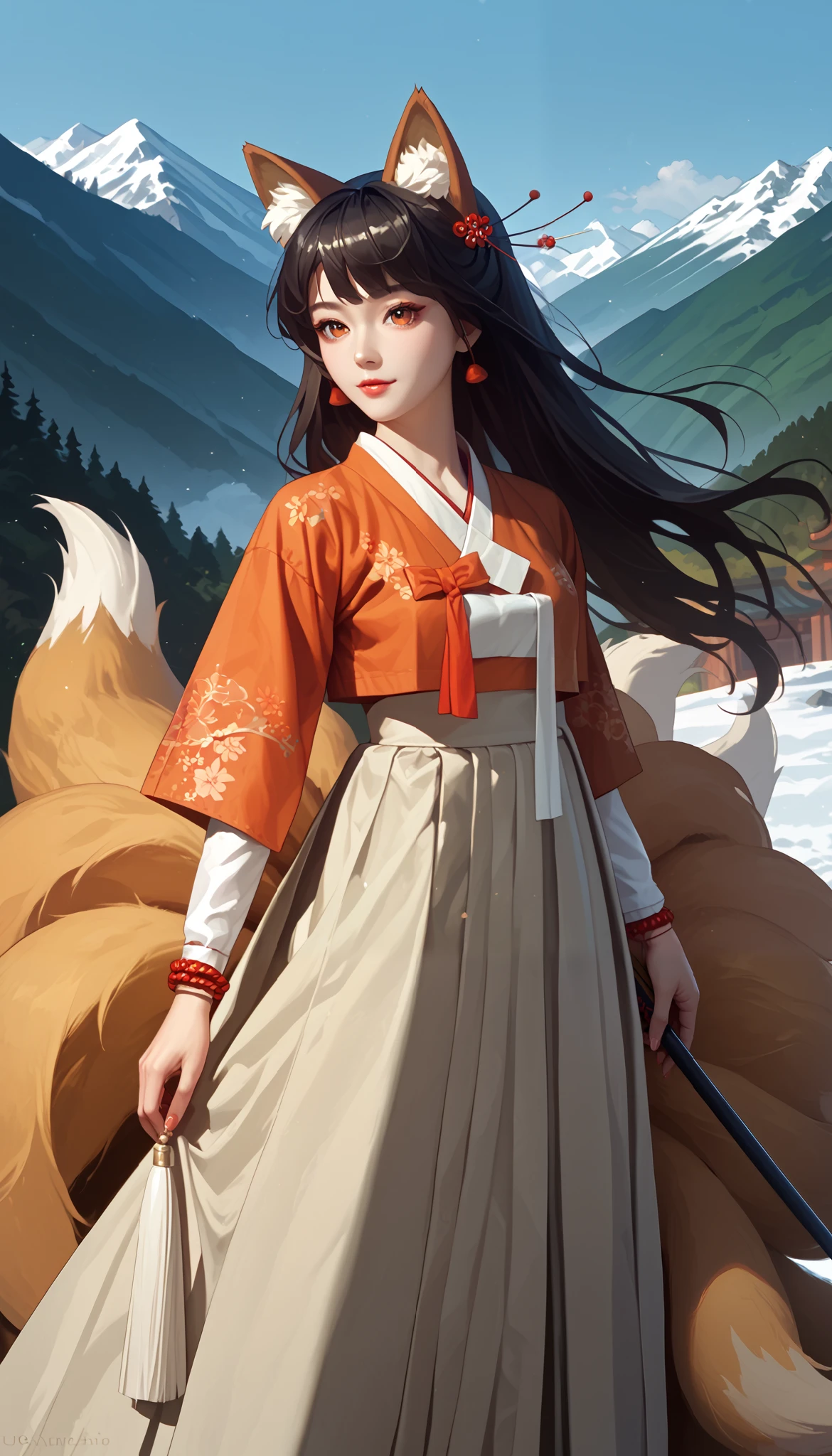 (masterpiece,  best quality :1.2), 1 woman,  alone, Gumiho, 여자 Gumiho,  Korean girl, Fox ears, fox tail, Hanbok,  dark hair, In the mountains