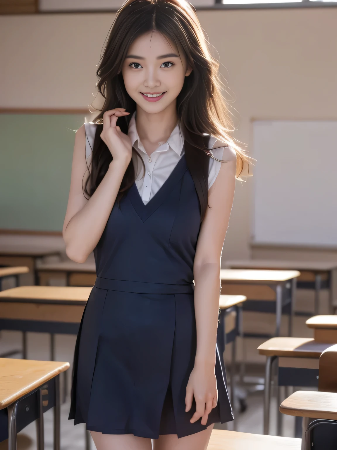 ((Beautiful Japanese girl :1.3)) ((School Uniform:1.4)) ((Panty Shots :1.5)) ((high school)),(( Dark Blue Dress :1.3)) (( in the classroom:1.3)) ((thin_Fabric:1.4)) (( random sexy pose :1.3)) ((Sweating:1.5))((Rosy face :1.4)) ((Big :1.4)) ((close-up:1.2)) best quality, masterpiece, ultra-high resolution for detailed faces ,( Ultra Realistic :1.4), original photo,(Genuine leather texture :1.3),( Movie Particles :1.3),panoramic, Character Portrait, Very wide lens,Narrow waist, cowboy shooting,( in the dark , Deep Shadows, Low profile, Cold Light,) night,(()),Tears flowing,,dust, Tyndell effect,( expressions),1 Girl, beautiful and delicate eyes and face,White collar, brown eyes,(( has brown hair :1.2)) ((whole body:1.3)) (( Smile:1.3))